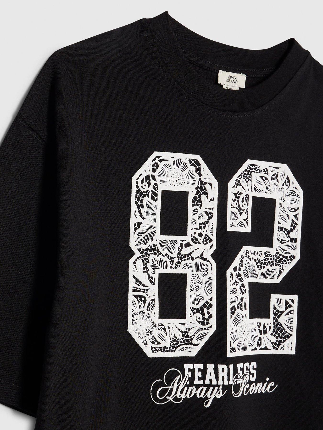 Image 3 of 4 of River Island Older Girls Fearless Lace Number Crop T-Shirt - Black