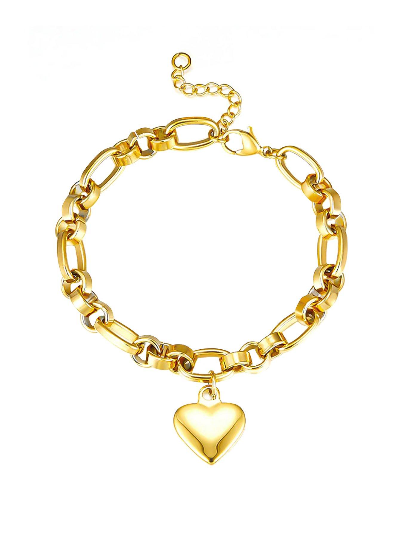  image of the-love-collection-gold-plated-stainless-steel-heart-charm-link-bracelet