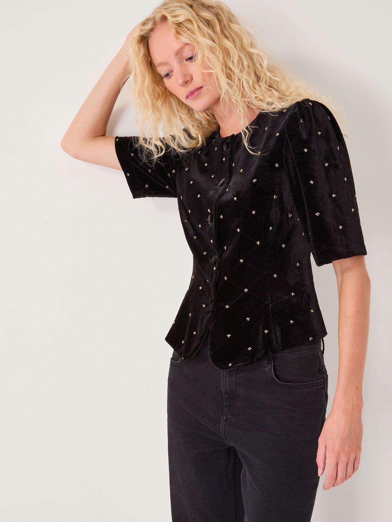 Monsoon Emma Embellished Velvet Top - Black