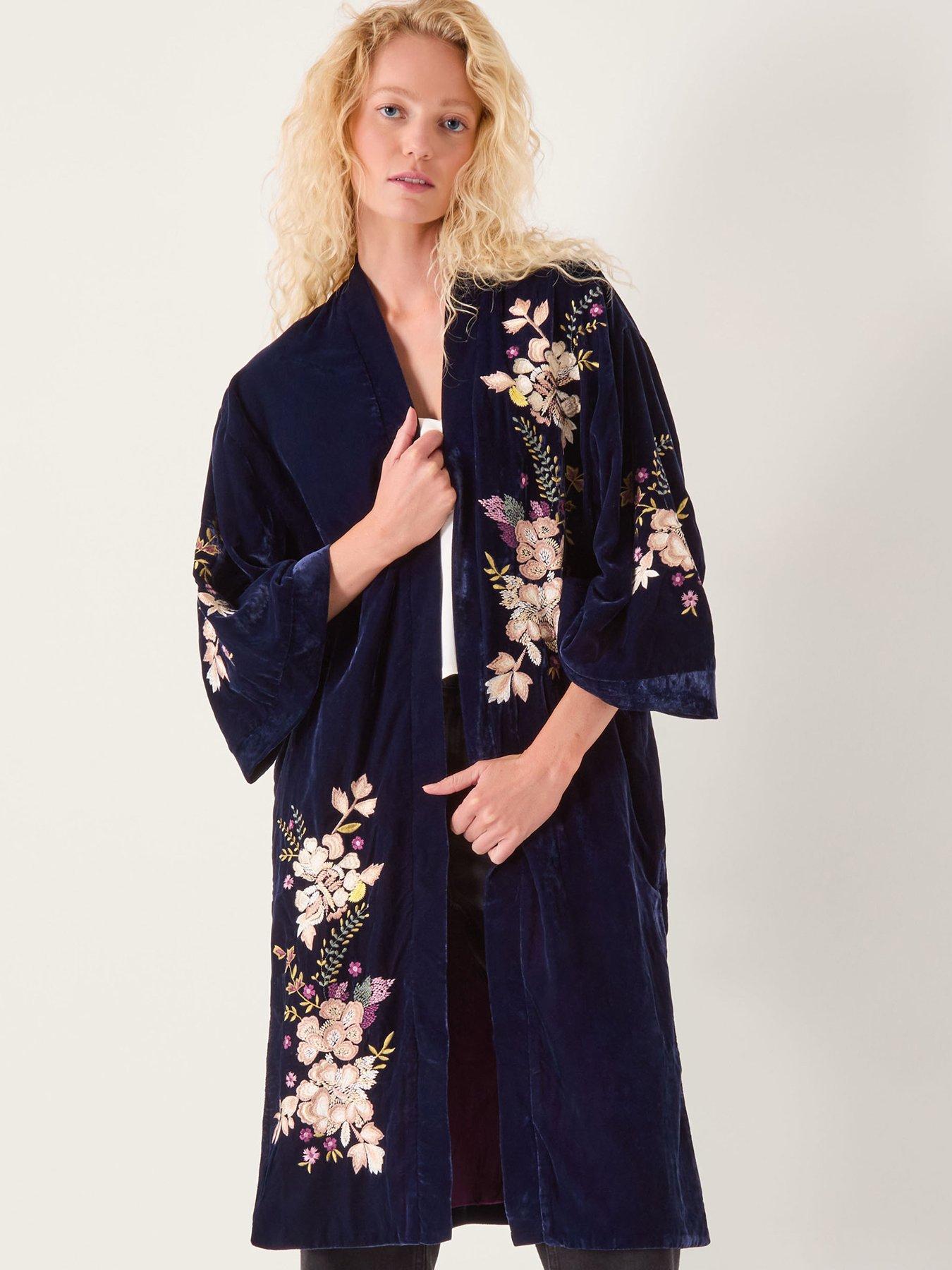 Monsoon Fallon Embroidered Velvet Kimono - Blue