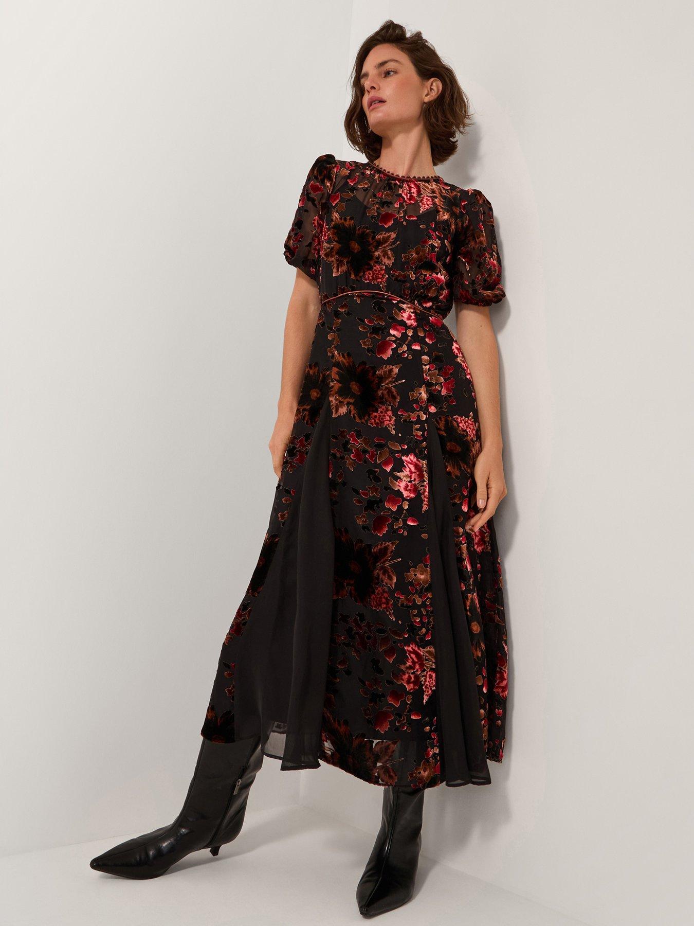 Image 1 of 6 of Monsoon Carolyn Devore Midi Dress - Black