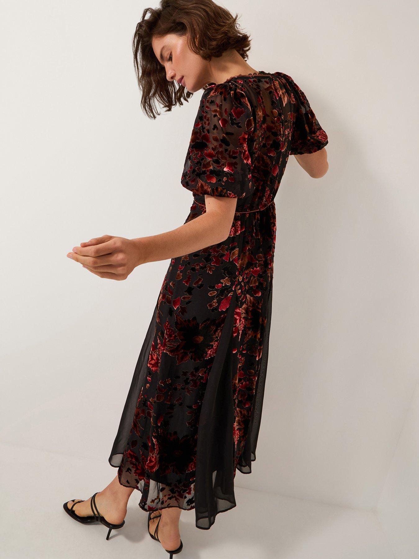 Image 2 of 6 of Monsoon Carolyn Devore Midi Dress - Black