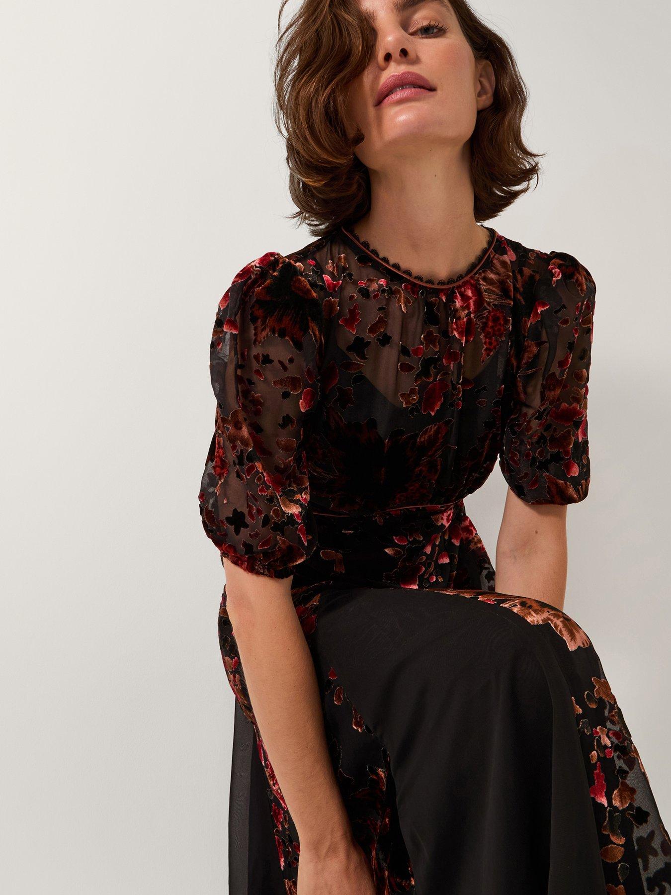 Image 4 of 6 of Monsoon Carolyn Devore Midi Dress - Black