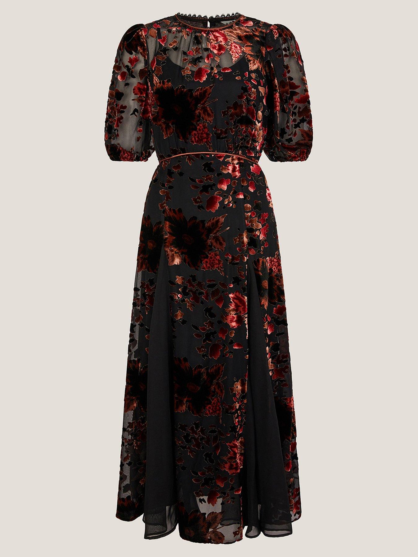Image 6 of 6 of Monsoon Carolyn Devore Midi Dress - Black