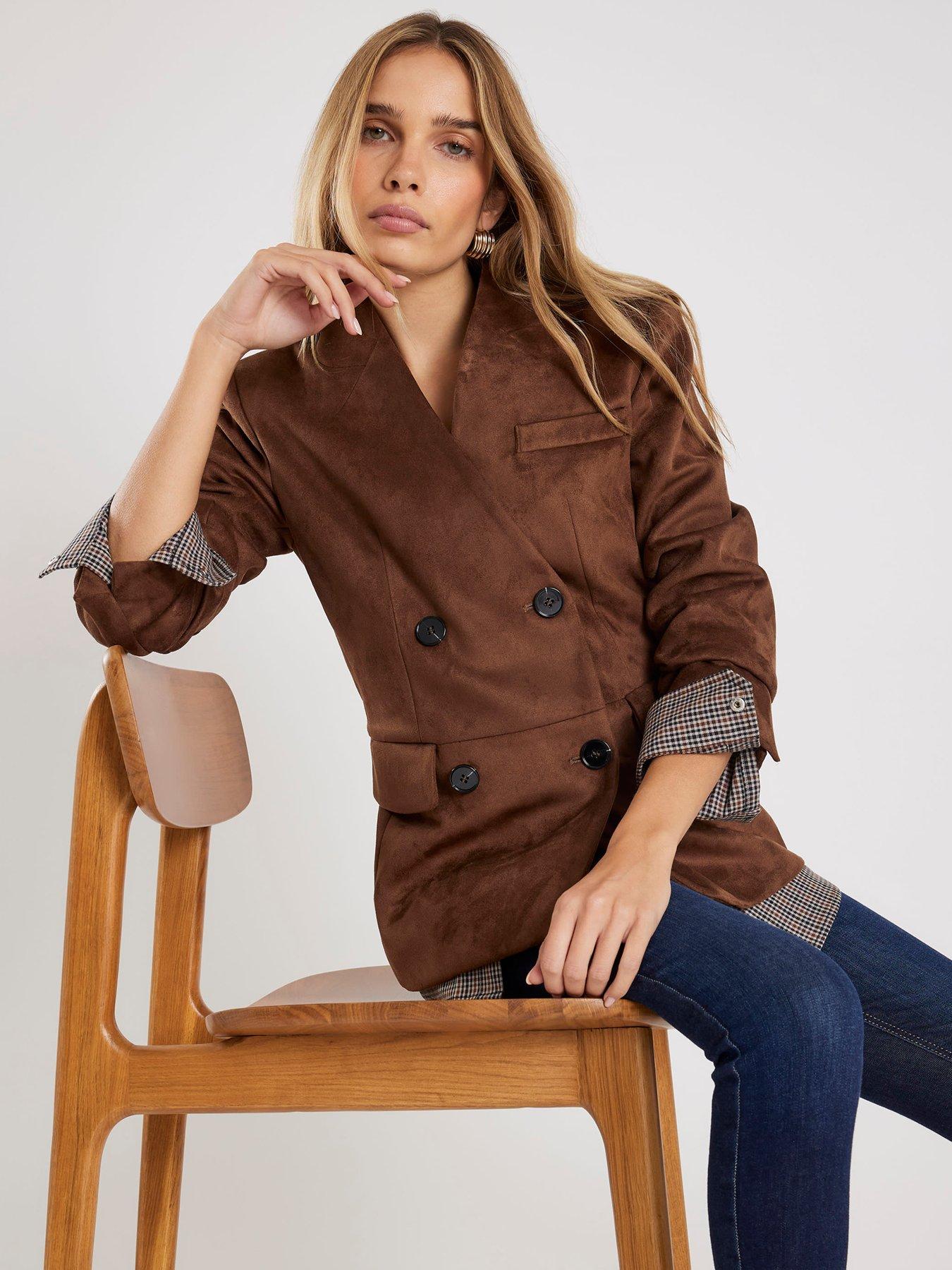 Image 1 of 6 of River Island Collarless Suedette Blazer - Brown