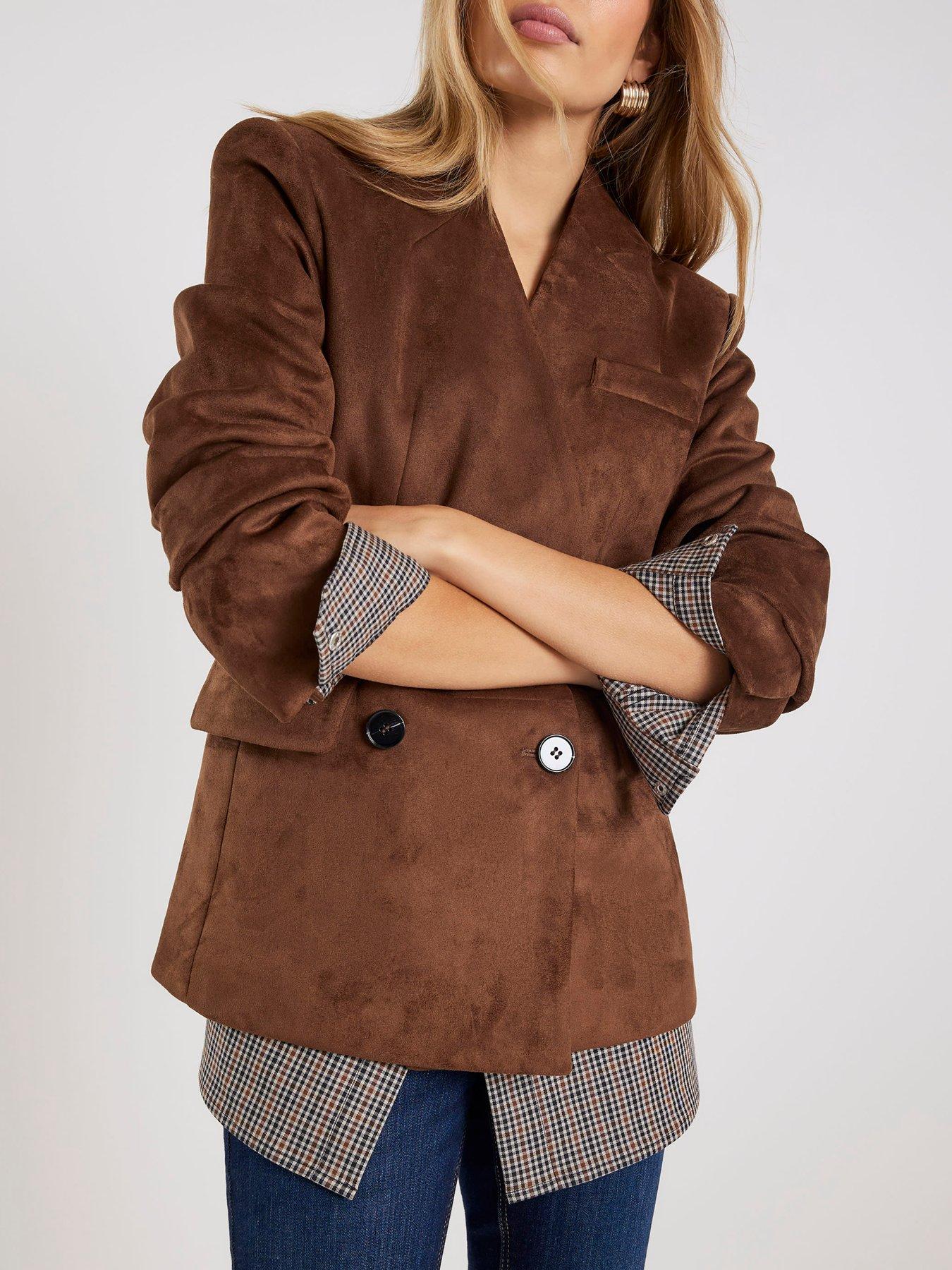 Image 4 of 6 of River Island Collarless Suedette Blazer - Brown