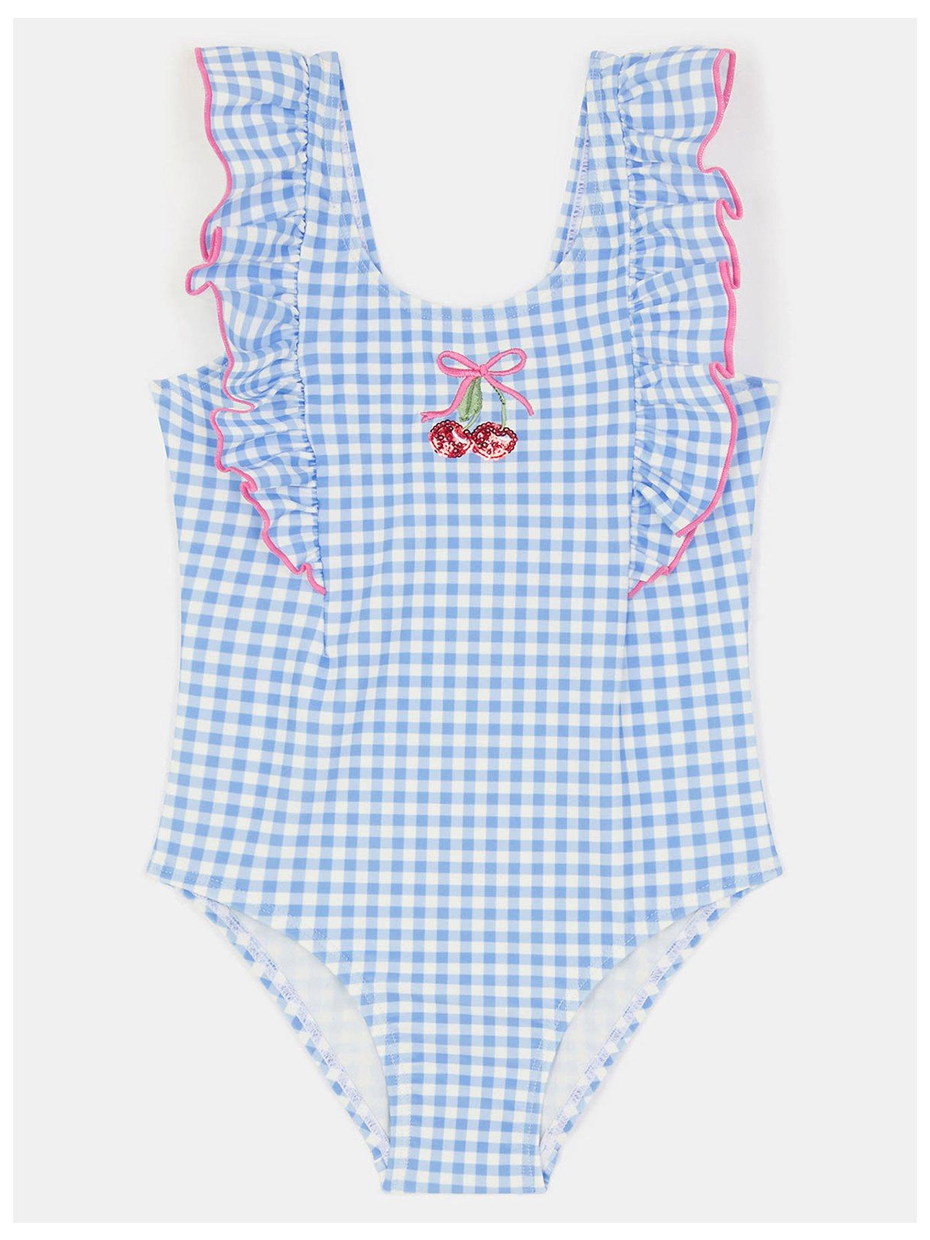  image of accessorize-girls-gingham-cherry-swimsuit-blue