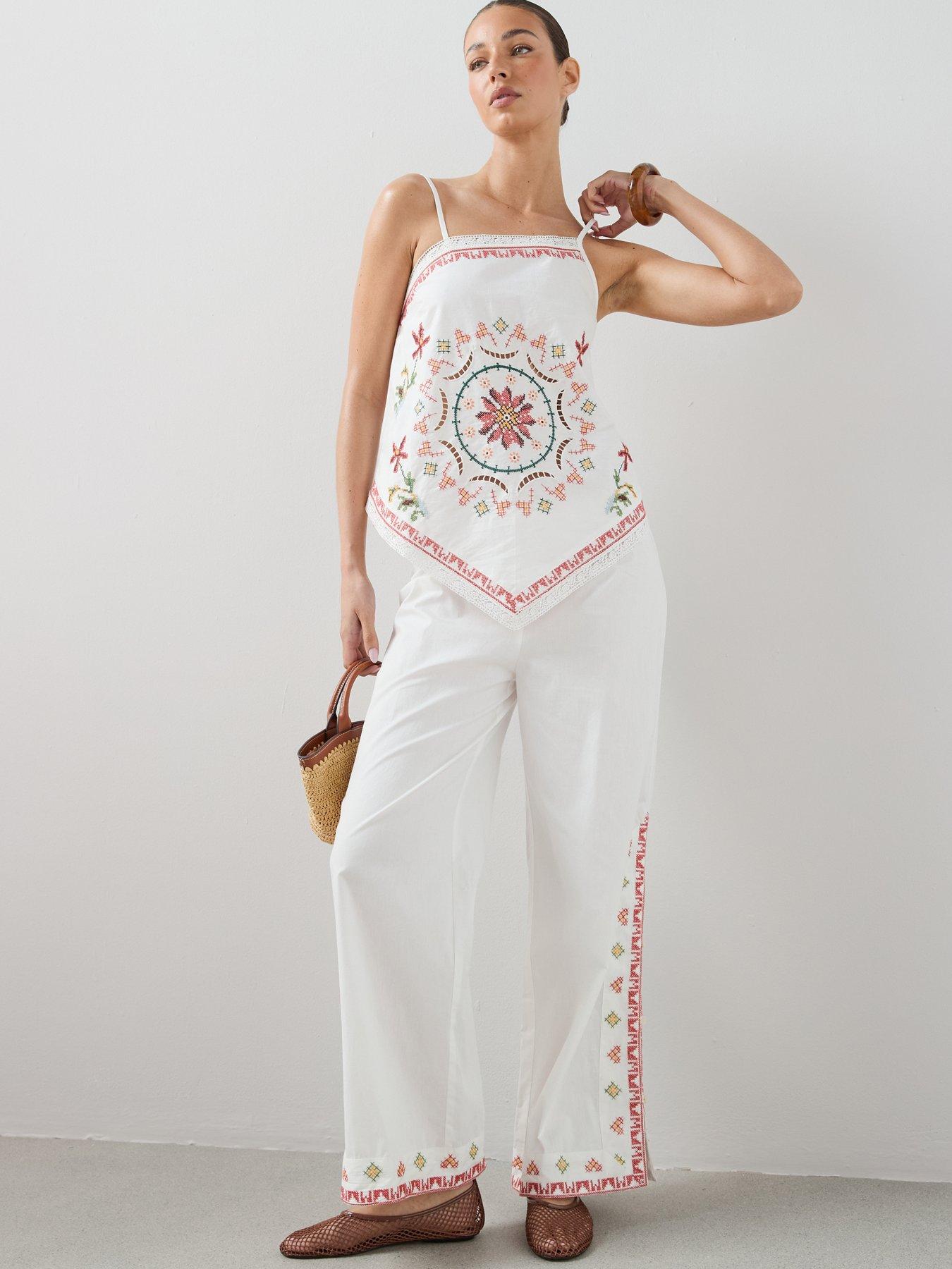The Very Collection Button Detail Embroidered Wide Leg Trousers - White