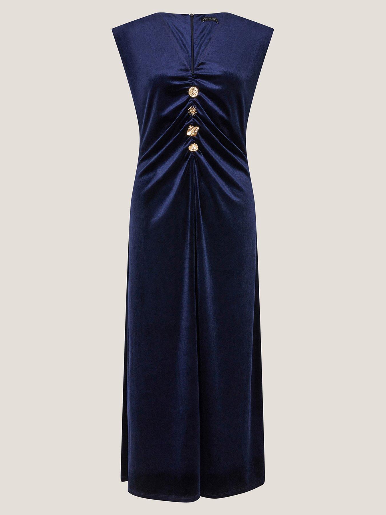 Image 5 of 5 of Monsoon Vana Velvet Button Dress - Blue