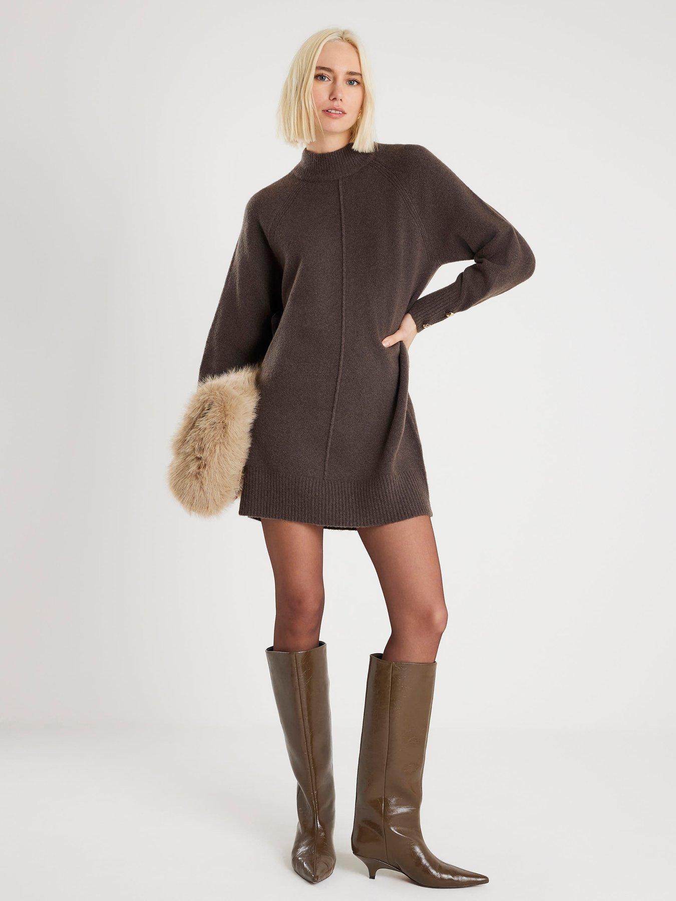 Image 1 of 6 of River Island Cosy Jumper Dress - Brown