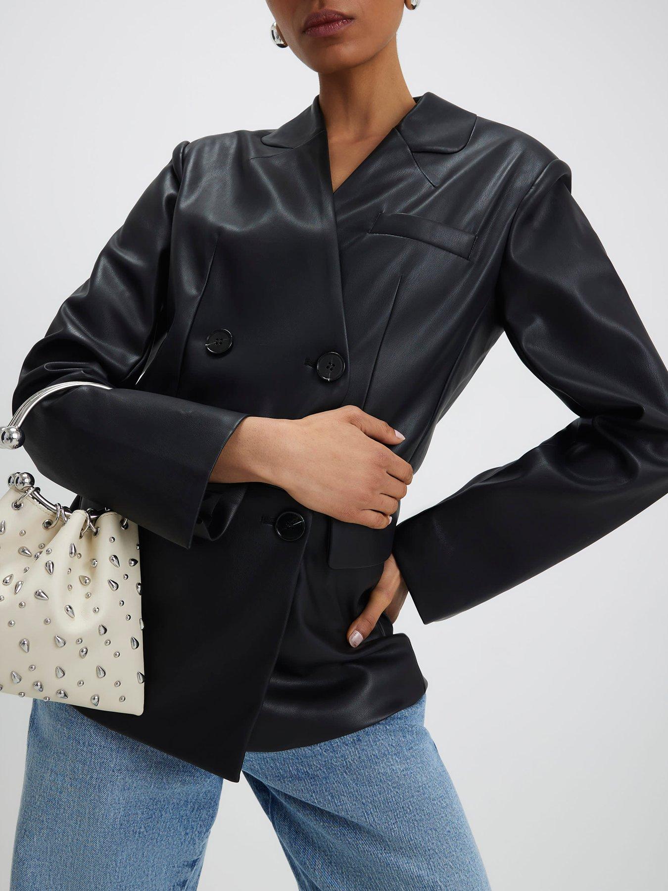Image 1 of 6 of River Island Collarless PU Double Breasted Blazer - Black