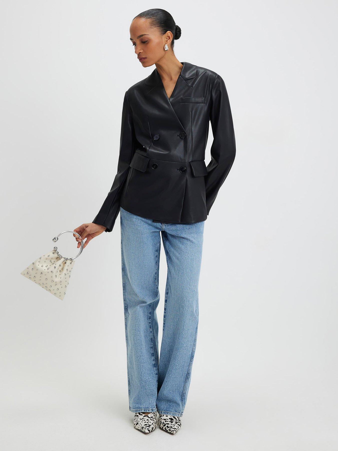 Image 3 of 6 of River Island Collarless PU Double Breasted Blazer - Black