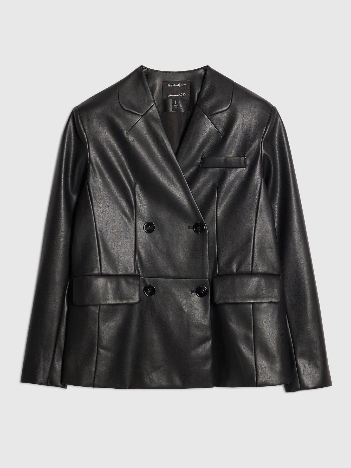 Image 5 of 6 of River Island Collarless PU Double Breasted Blazer - Black