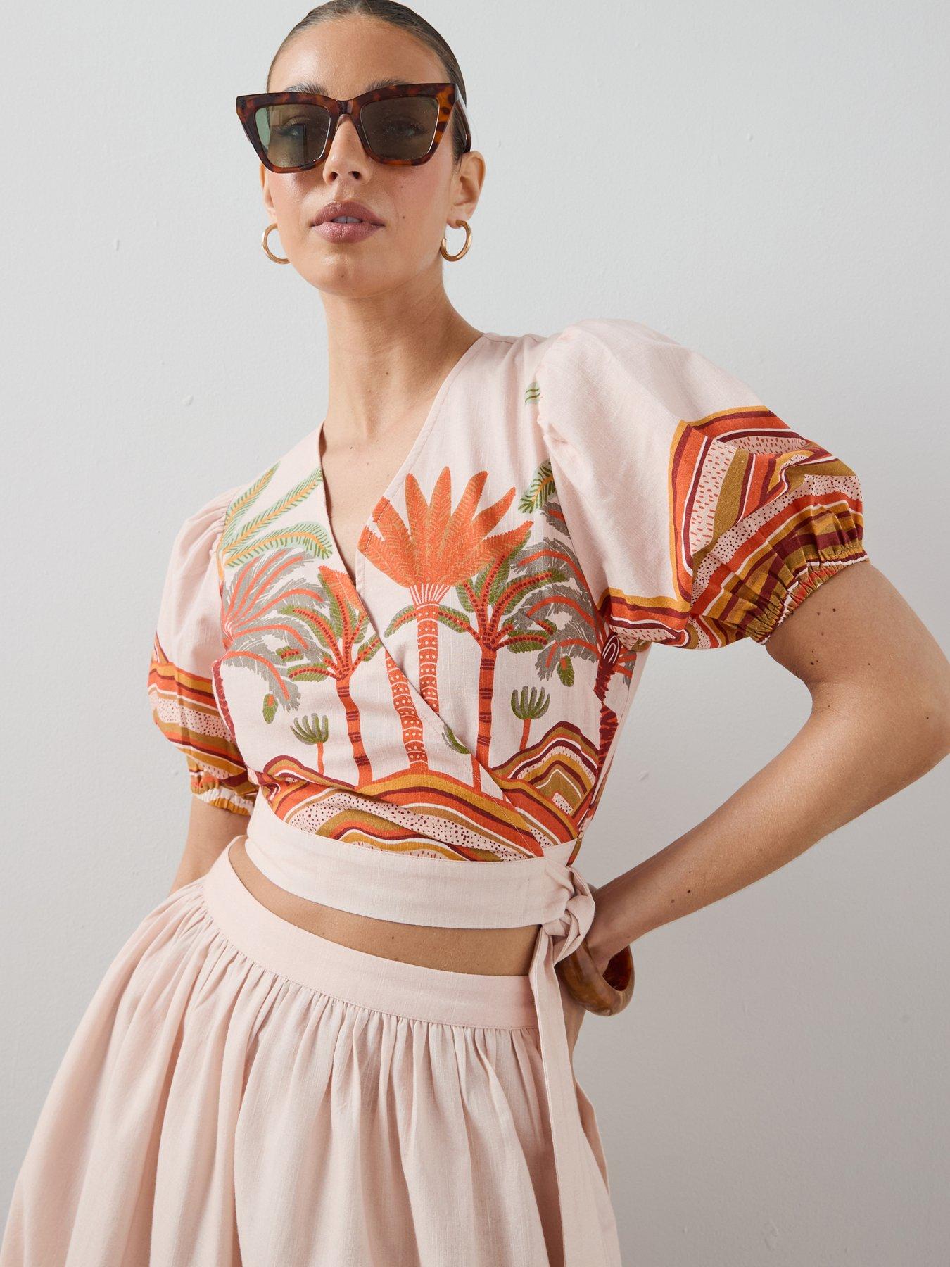 The Very Collection Tropical Print Wrap Tie Co-Ord Blouse - Orange