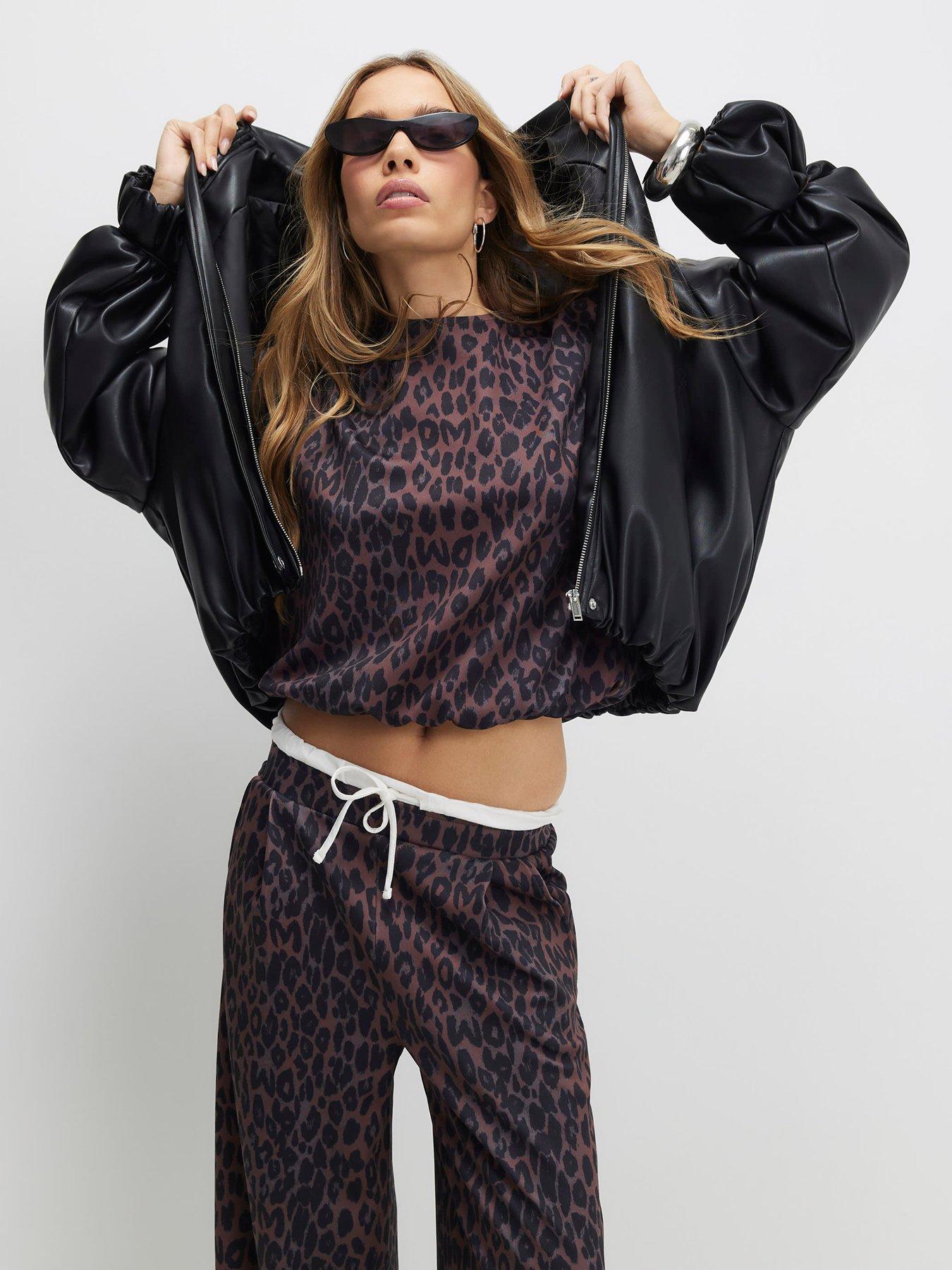  image of river-island-leopard-print-tie-side-bubble-hem-top-black