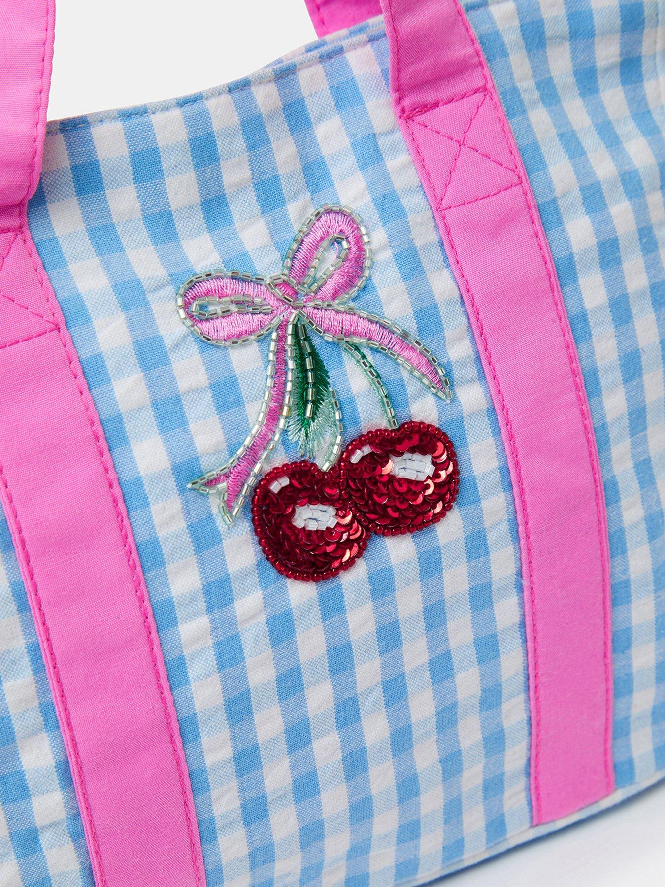  image of accessorize-girls-gingham-cherry-tote-bag-blue