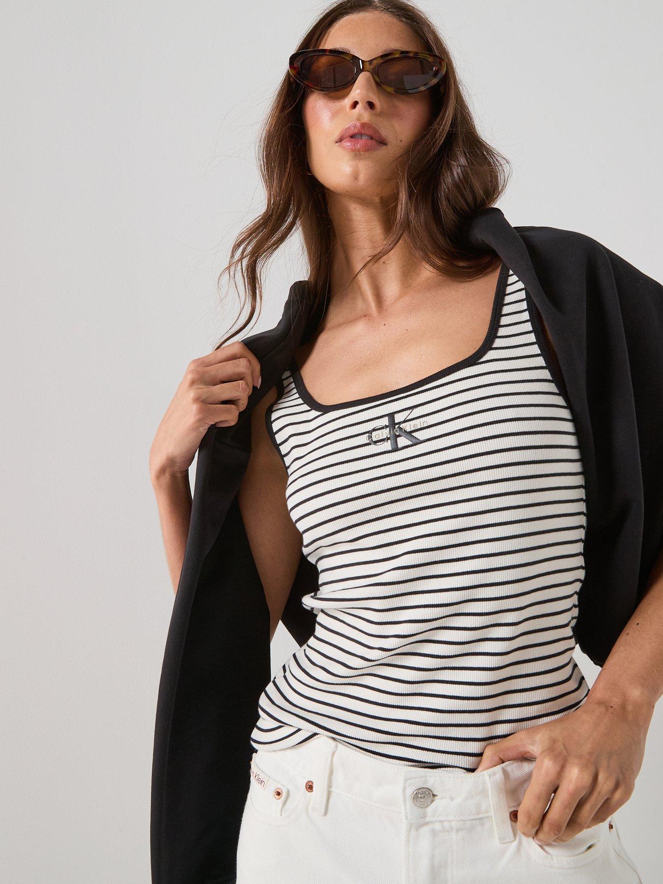 Image 5 of 6 of Calvin Klein Jeans Striped Scoop Neck Ribbed Tank Top - Black
