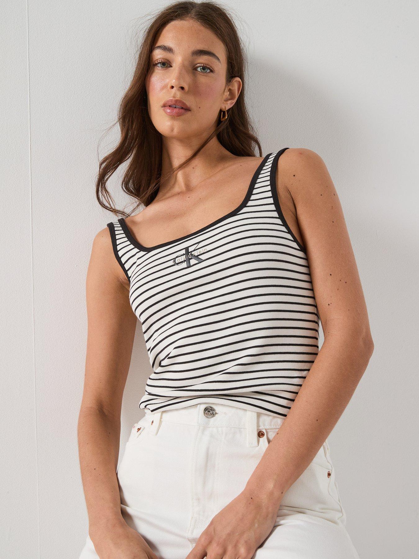 Image 6 of 6 of Calvin Klein Jeans Striped Scoop Neck Ribbed Tank Top - Black