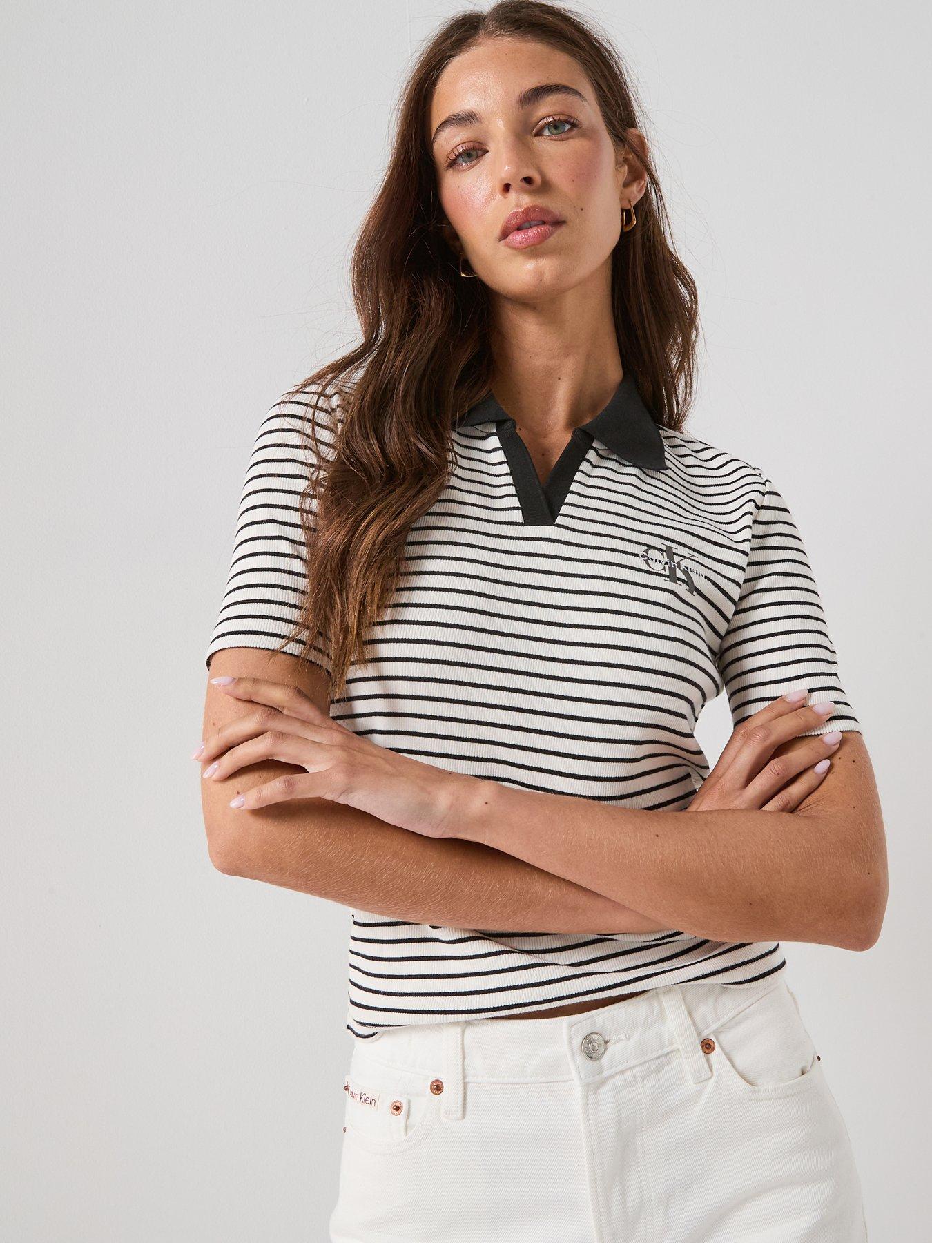 Calvin Klein Jeans Striped Monologo Rib Polo Top - Black
