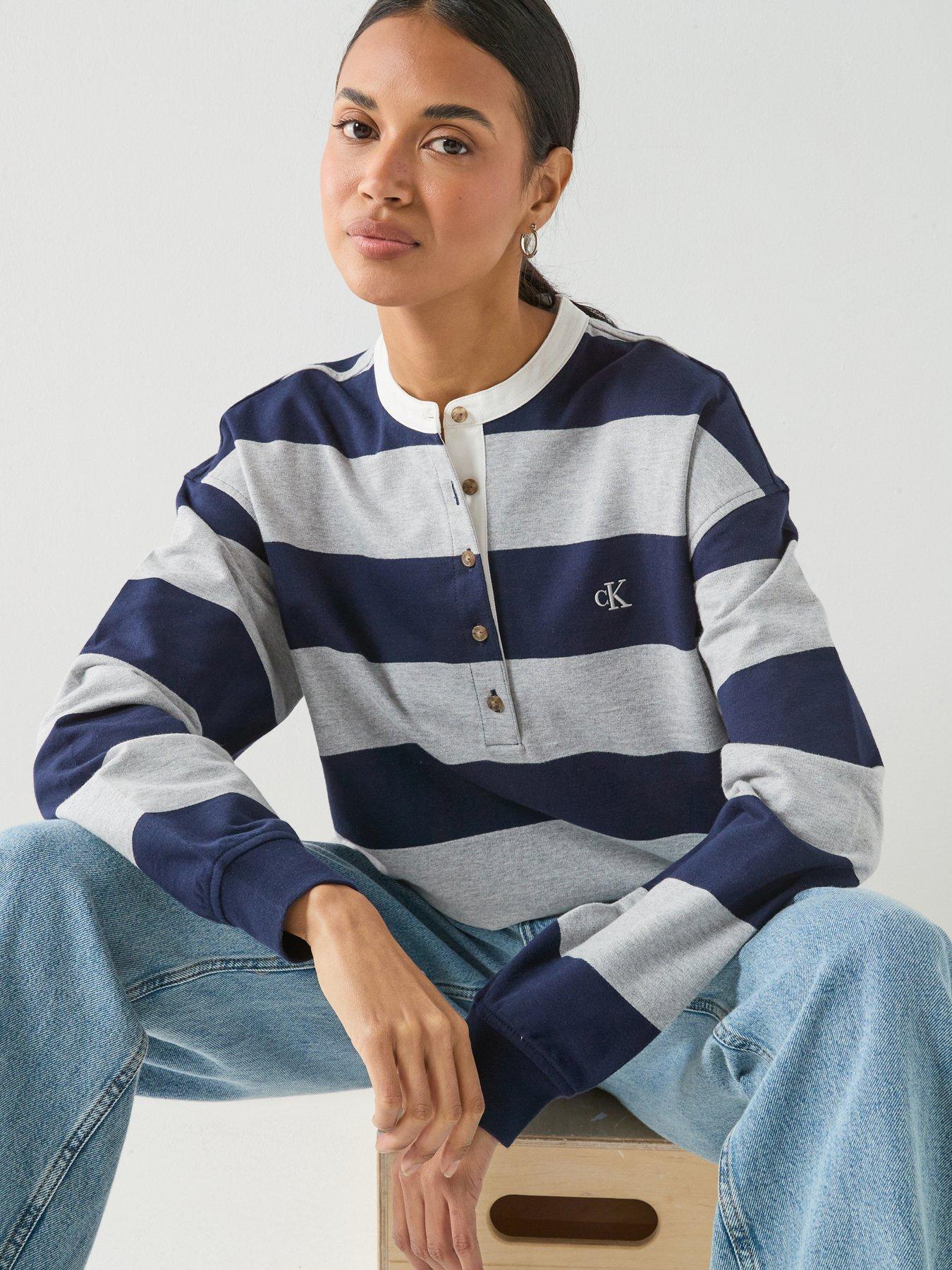 Calvin Klein Jeans Long Sleeve Varsity Striped Henley Top - Blue