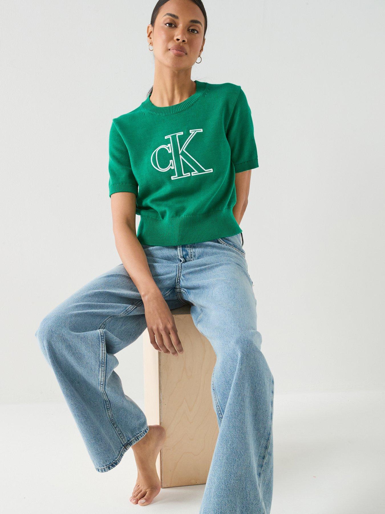 Calvin Klein Jeans Logo Short Sleeve Knitted Top - Green