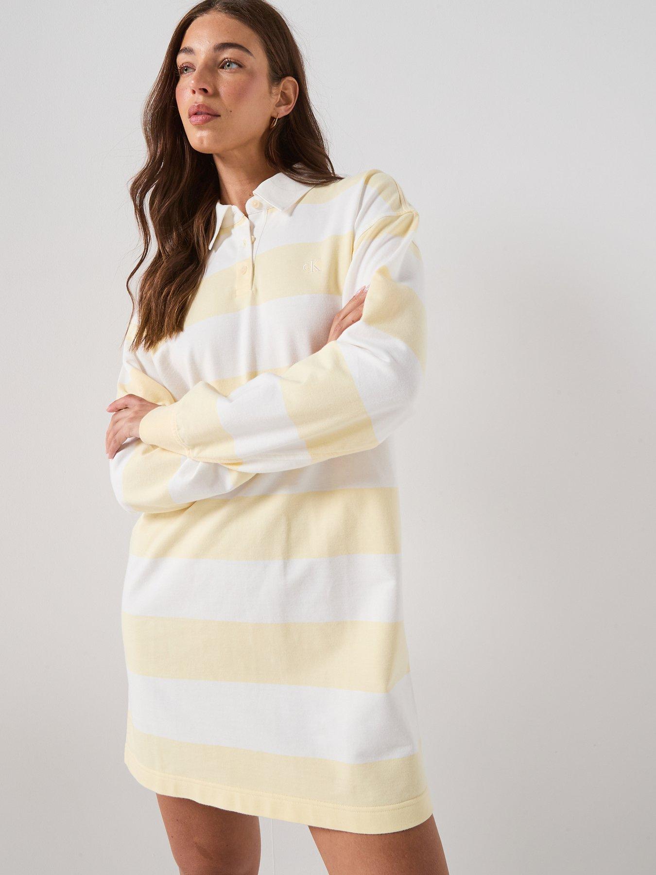 Calvin Klein Jeans Long Sleeve Varsity Stripe Mini Polo Dress - White