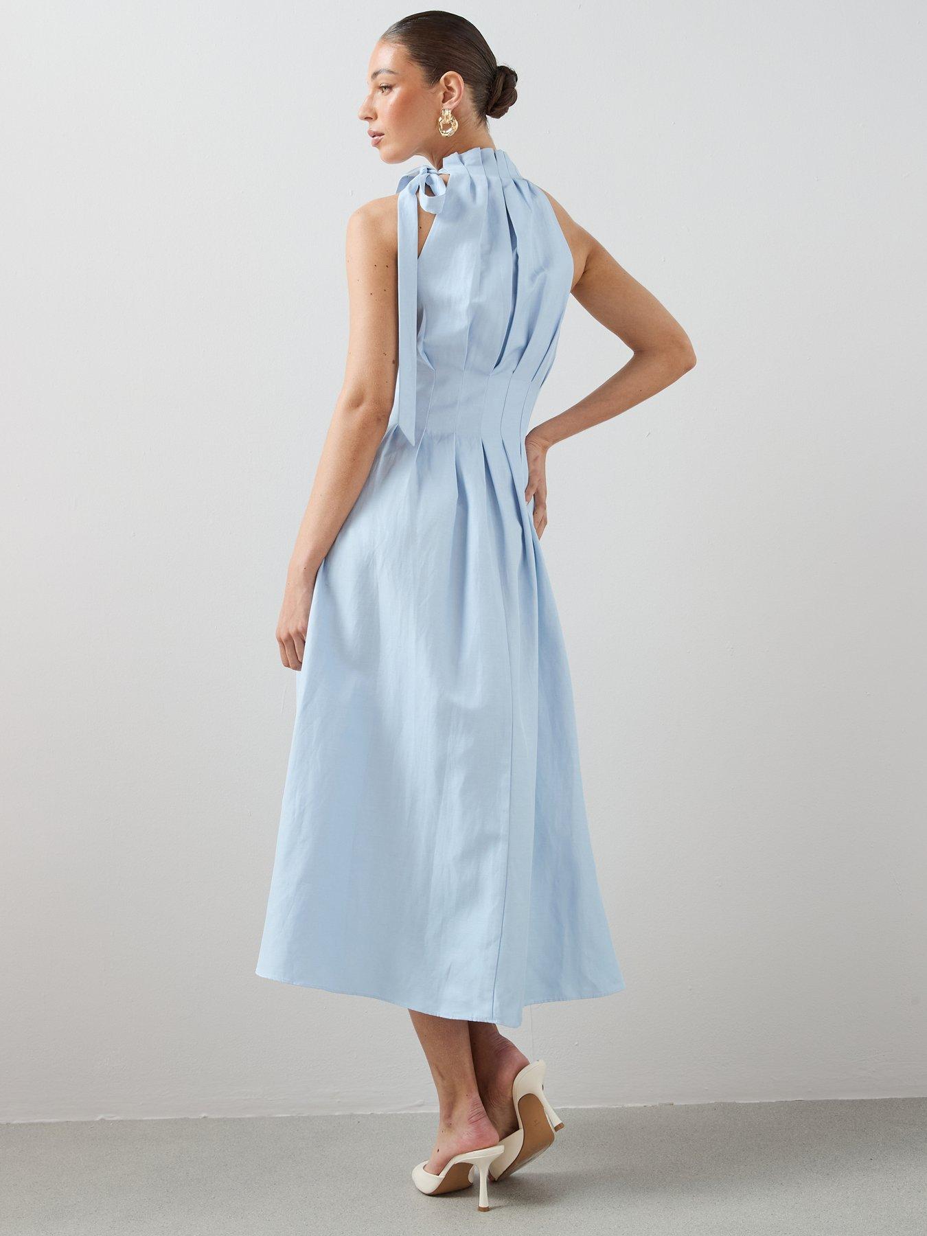 Image 2 of 6 of The Very Collection High Neck Pleat Detail Sleeveless Midaxi Dress - Blue
