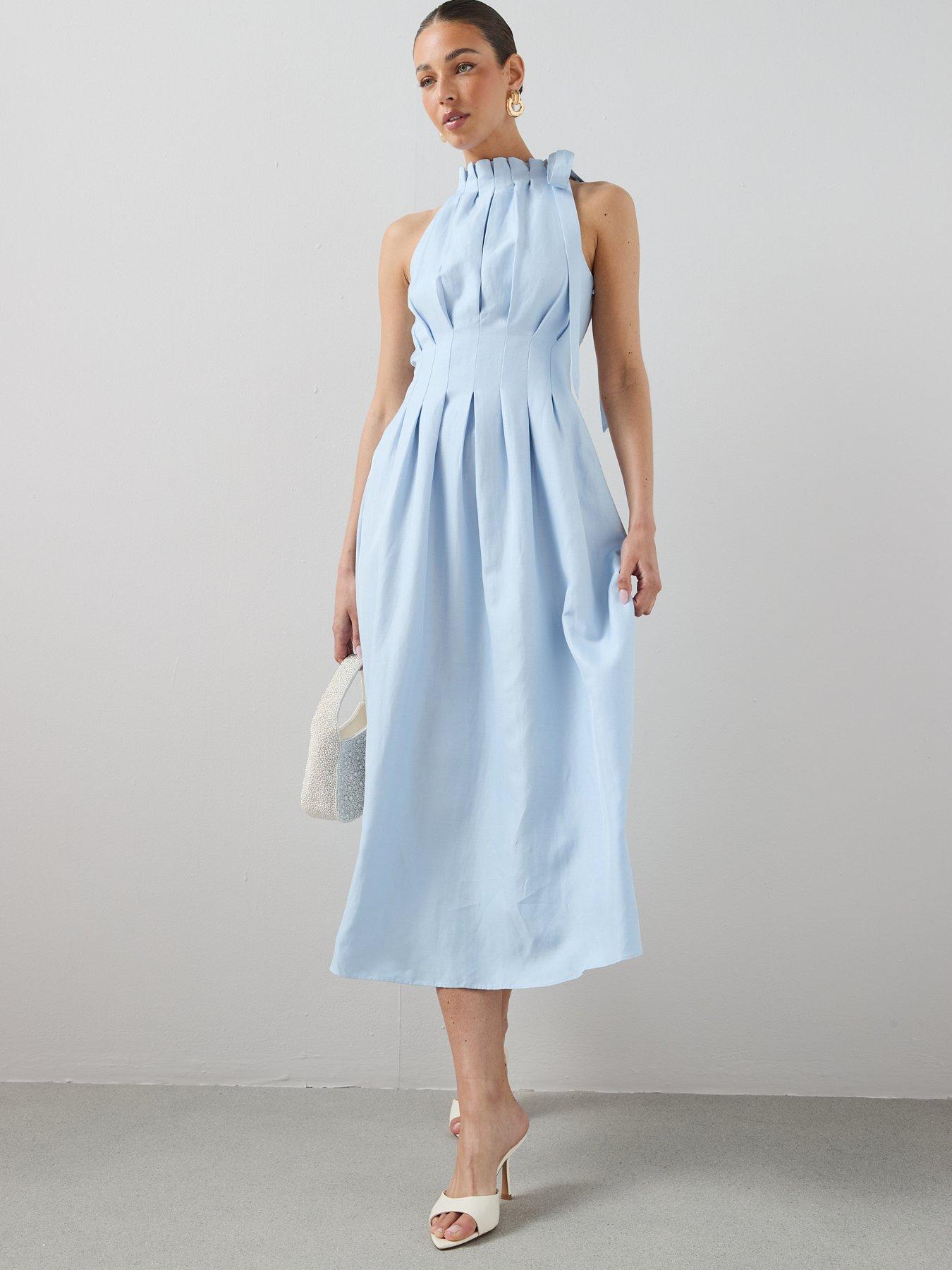Image 3 of 6 of The Very Collection High Neck Pleat Detail Sleeveless Midaxi Dress - Blue