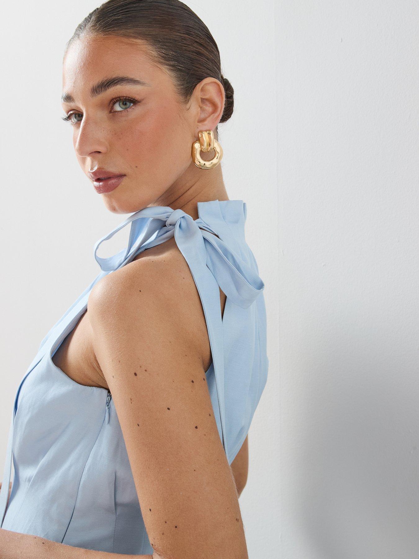 Image 4 of 6 of The Very Collection High Neck Pleat Detail Sleeveless Midaxi Dress - Blue