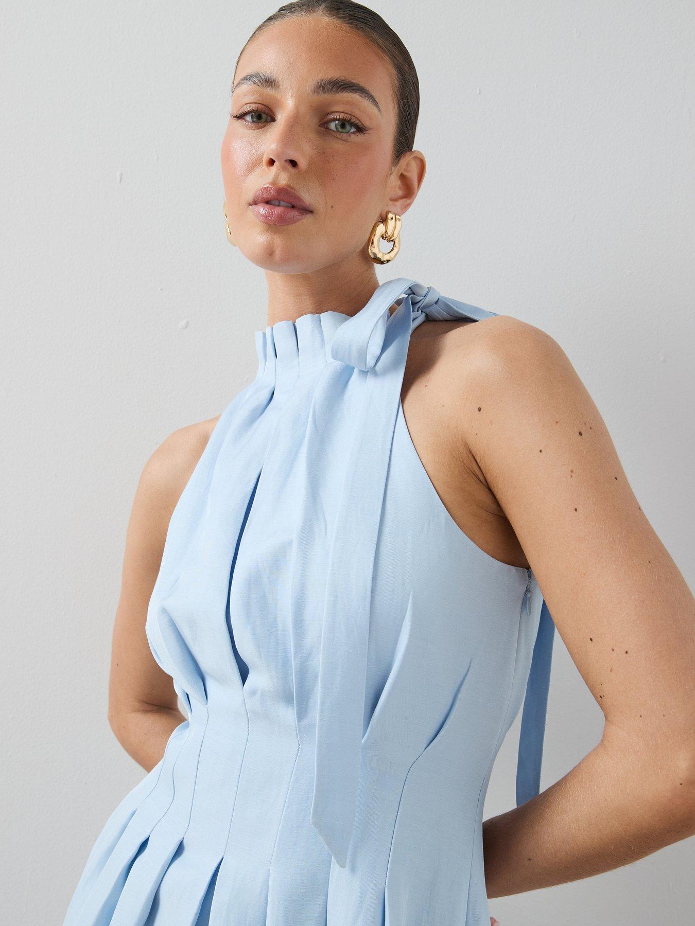 Image 5 of 6 of The Very Collection High Neck Pleat Detail Sleeveless Midaxi Dress - Blue