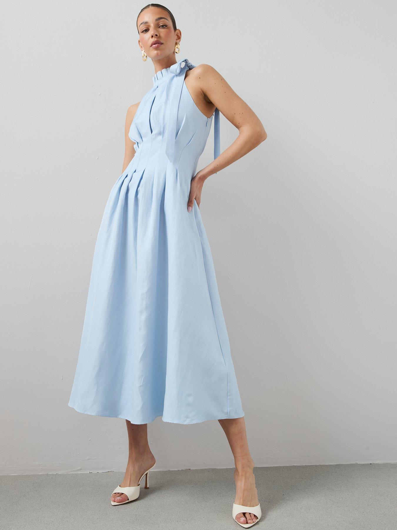 Image 6 of 6 of The Very Collection High Neck Pleat Detail Sleeveless Midaxi Dress - Blue