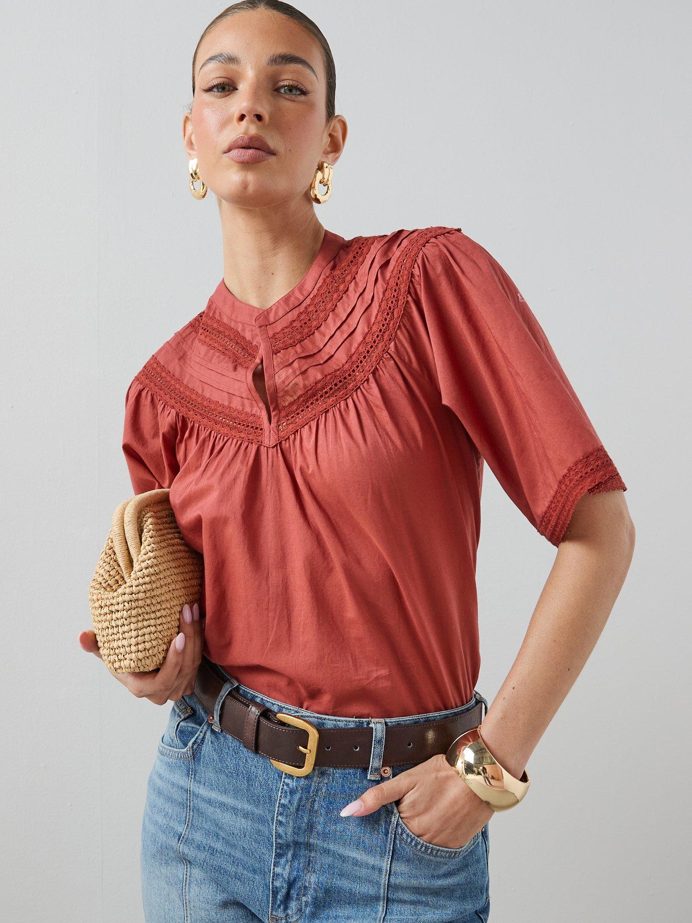 The Very Collection Lace Detail Short Sleeve Blouse - Rust
