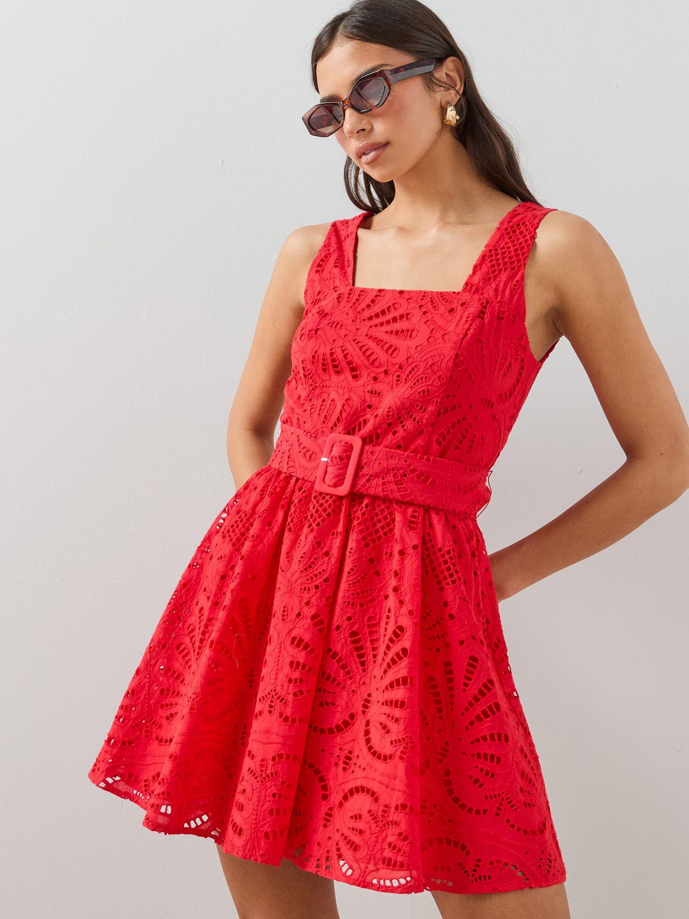 The Very Collection Broderie Belted Square Neck Mini Dress - Red