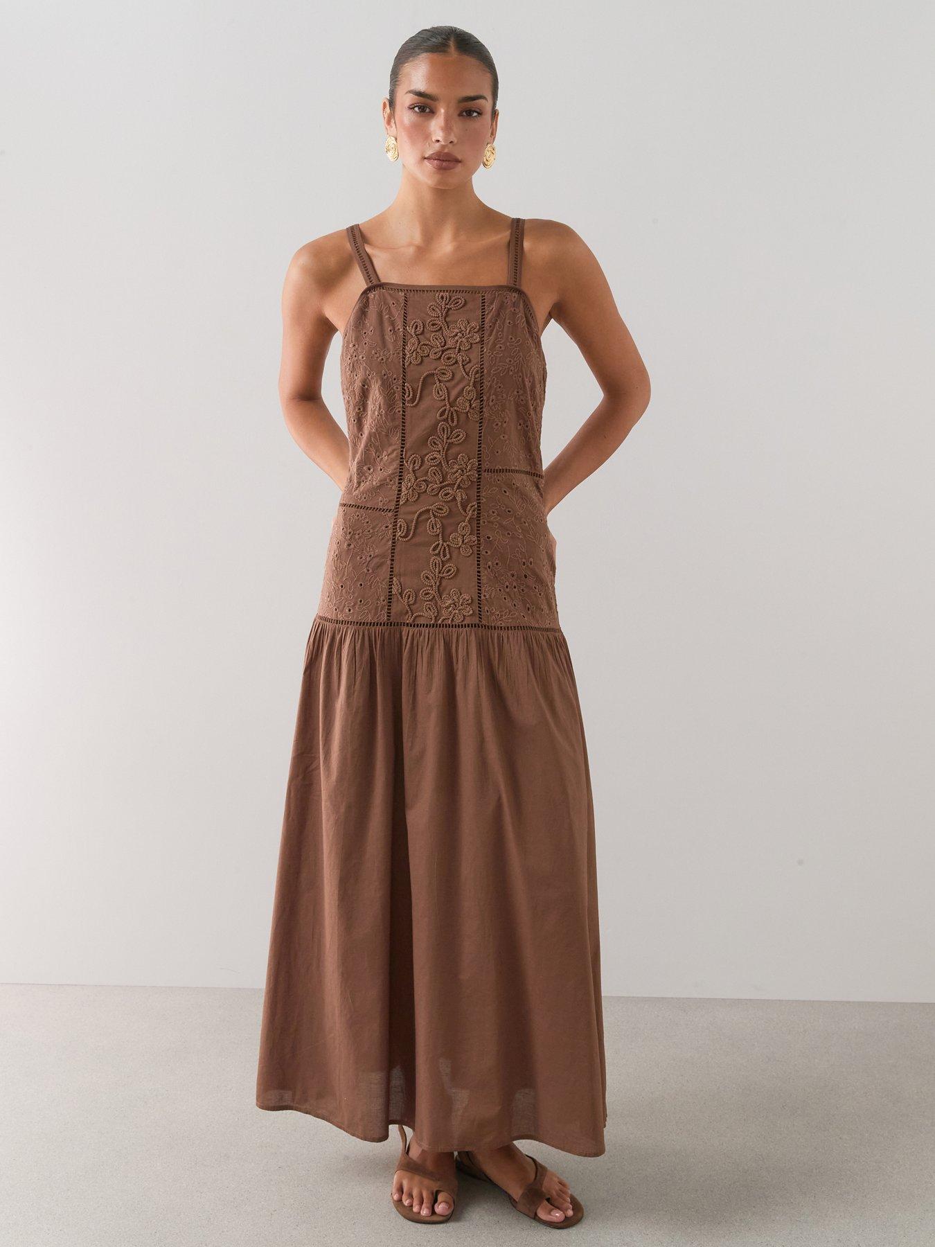 The Very Collection Embroidered Detail Dropped Waist Midaxi Dress - Brown