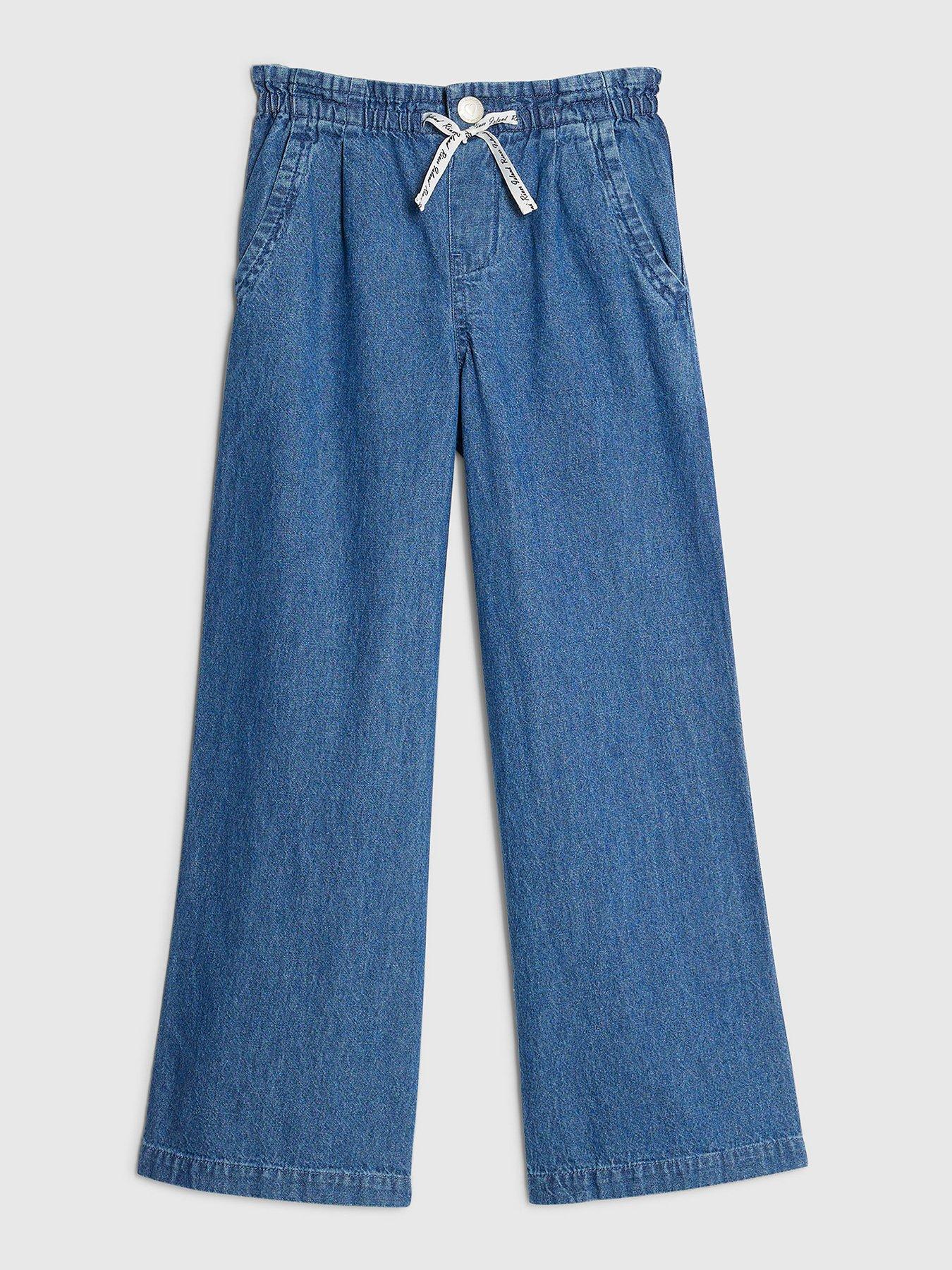 front image of river-island-older-girls-wide-leg-pull-on-jeans-blue
