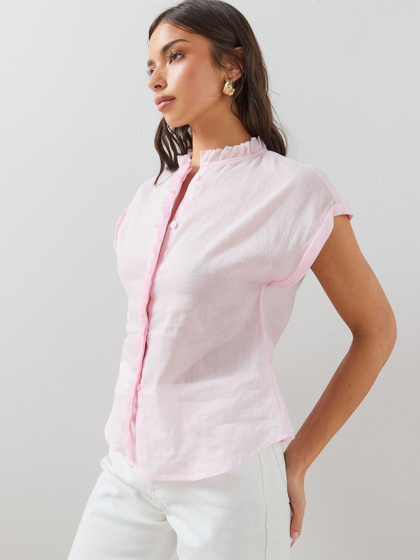 The Very Collection Short Sleeve Mandarin Collar Blouse With Ruffle Trim - Pink