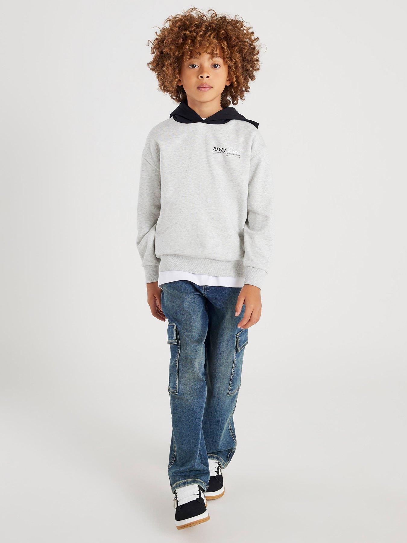 River Island Older Boys Back Print Colour Block Hoodie - Grey