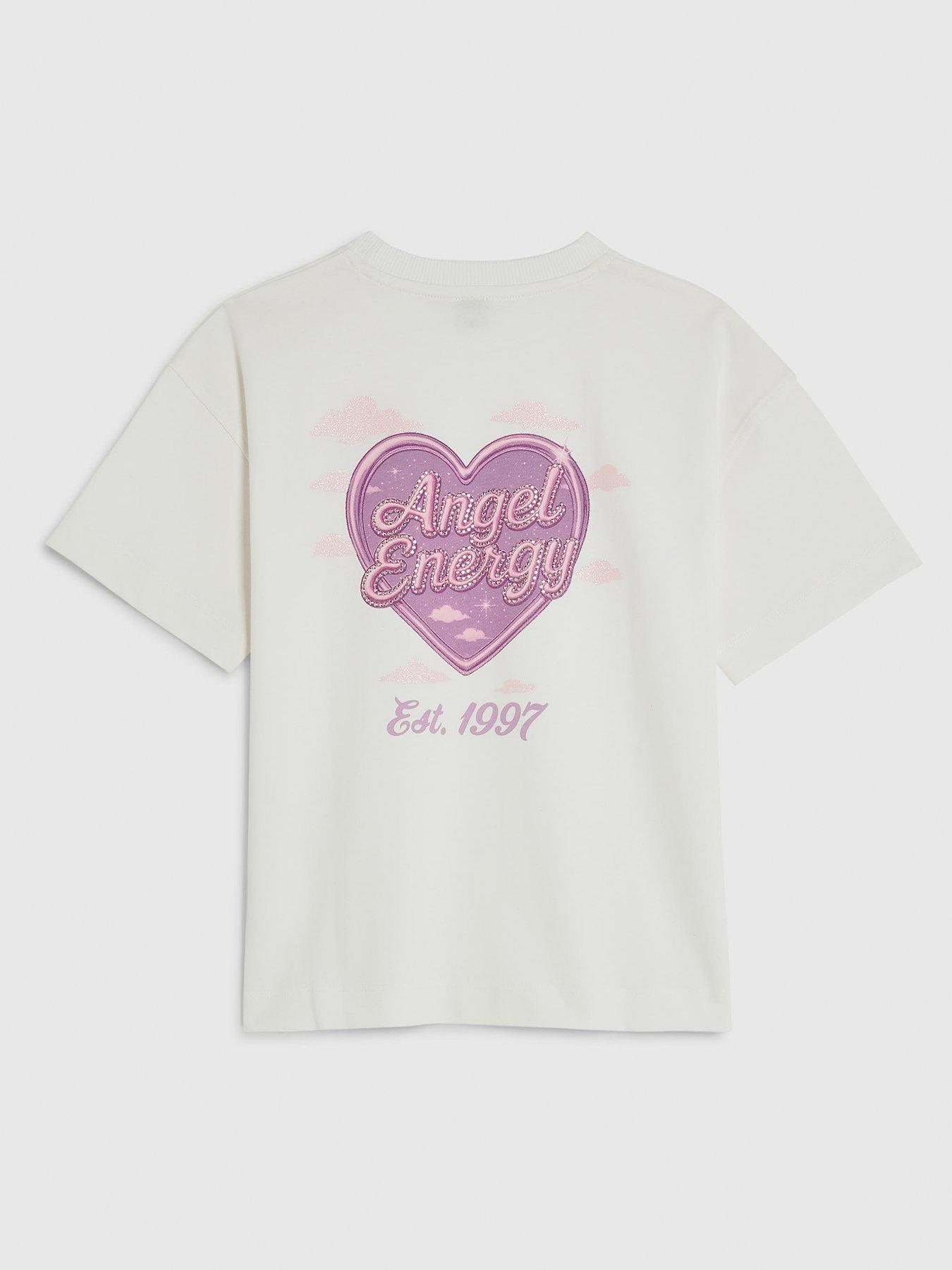 River Island Older Girls Angel Energy Heart Back Print T-Shirt - White