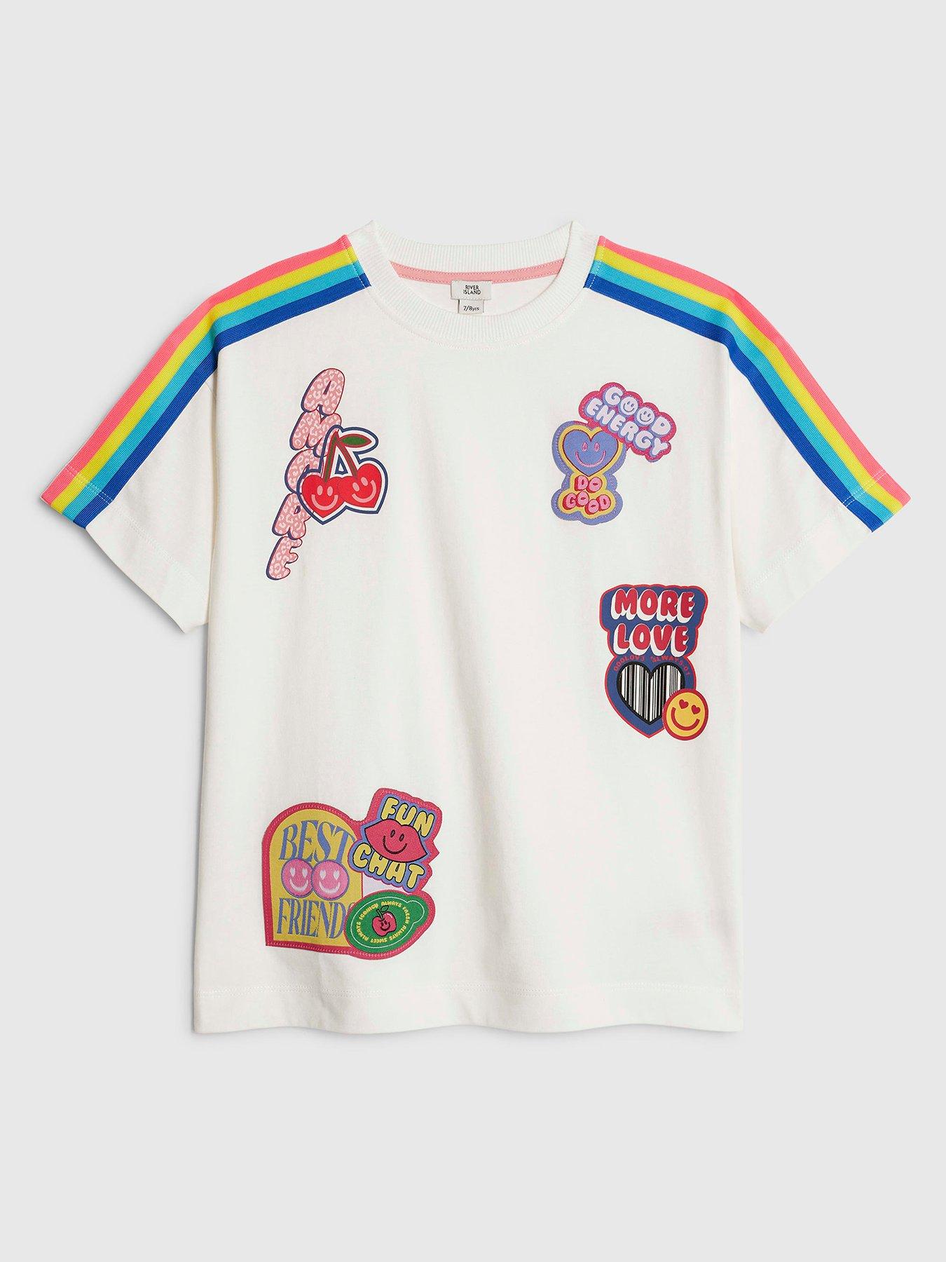 Image 2 of 6 of River Island Older Girls Badge Rainbow Stripe T-Shirt - White