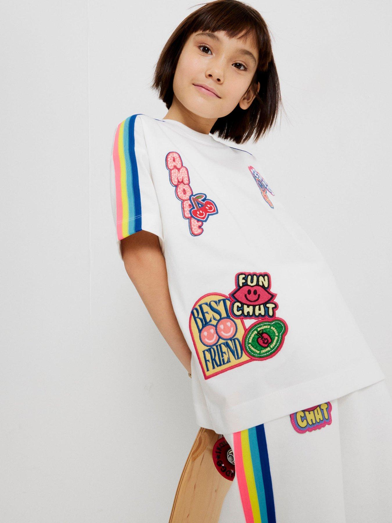 Image 4 of 6 of River Island Older Girls Badge Rainbow Stripe T-Shirt - White