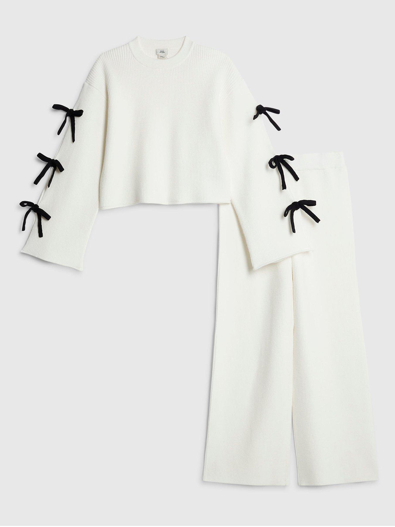 Image 1 of 5 of River Island Older Girls Cut Out Bow Jumper Set - Cream