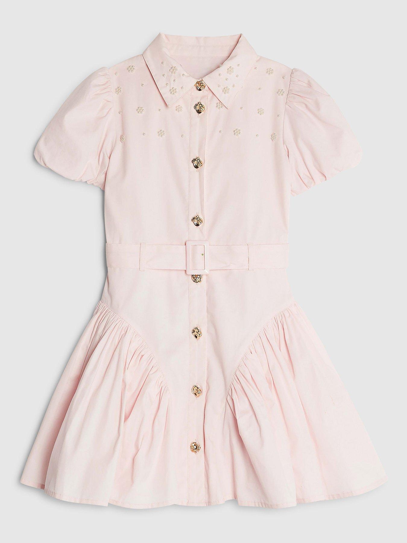 Image 1 of 3 of River Island Older Girls Embellished Shirt Dress - Pink