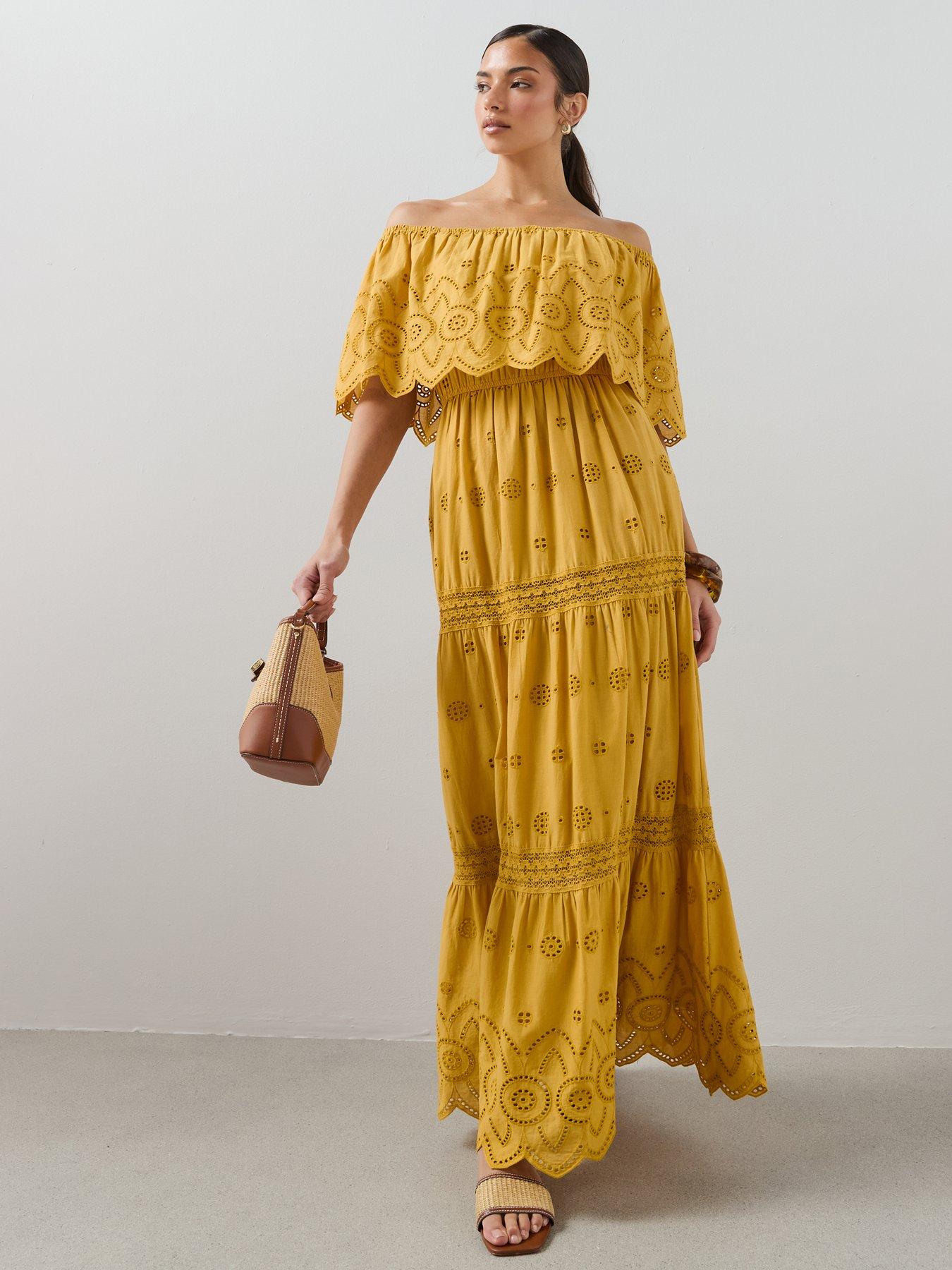 The Very Collection Broderie Bardot Maxi Dress - Gold