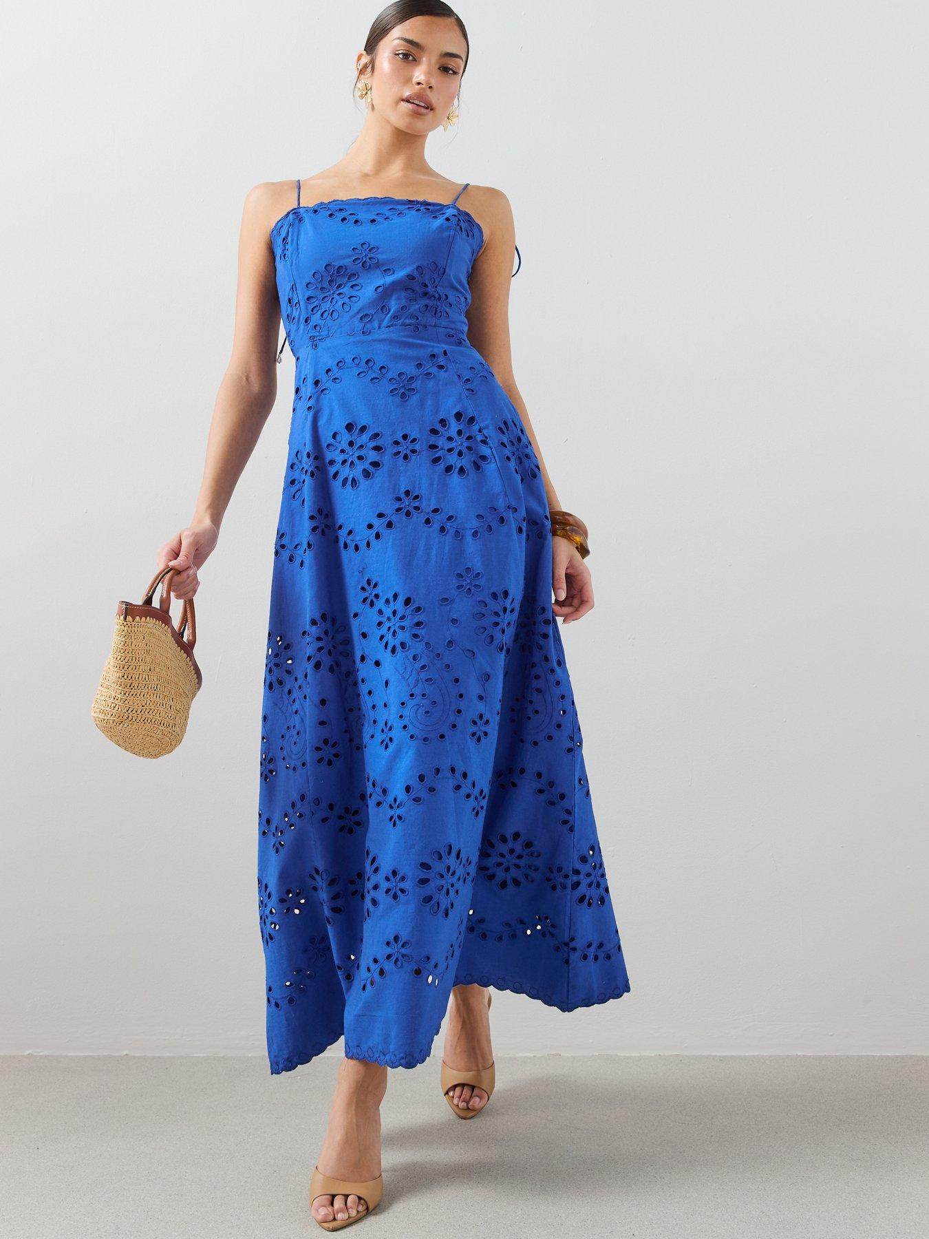 The Very Collection Broderie Scalloped Strappy Midi Dress - Blue
