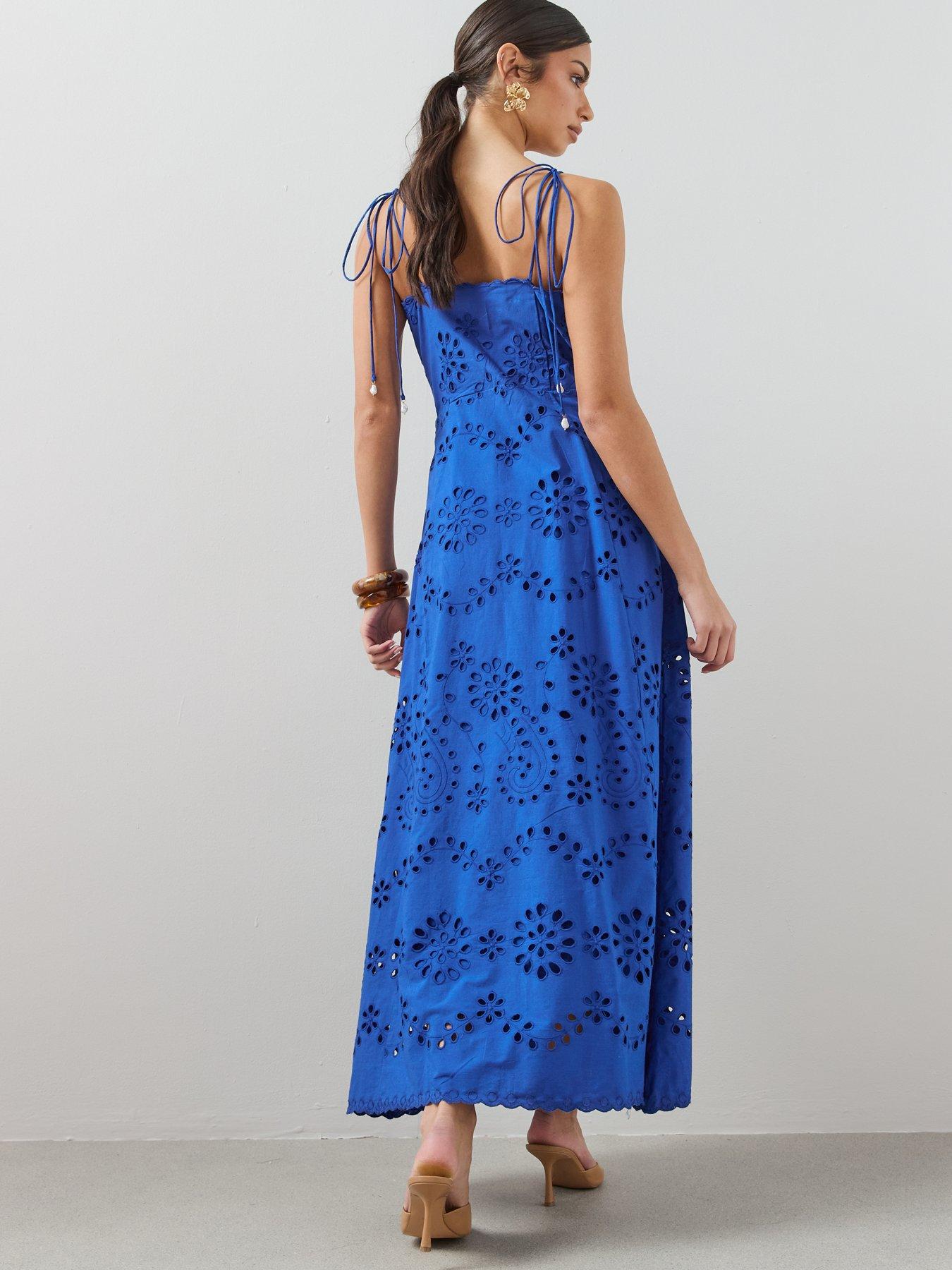 Image 2 of 7 of The Very Collection Broderie Scalloped Strappy Midi Dress - Blue