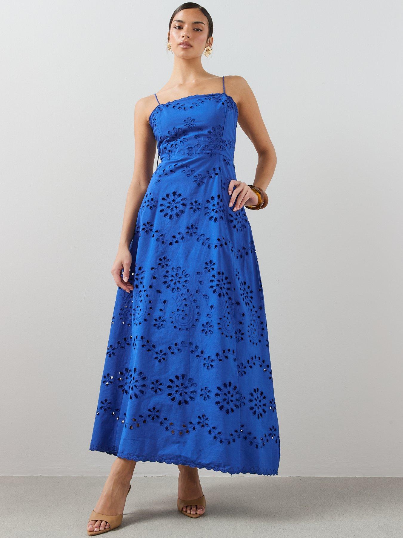 Image 3 of 7 of The Very Collection Broderie Scalloped Strappy Midi Dress - Blue