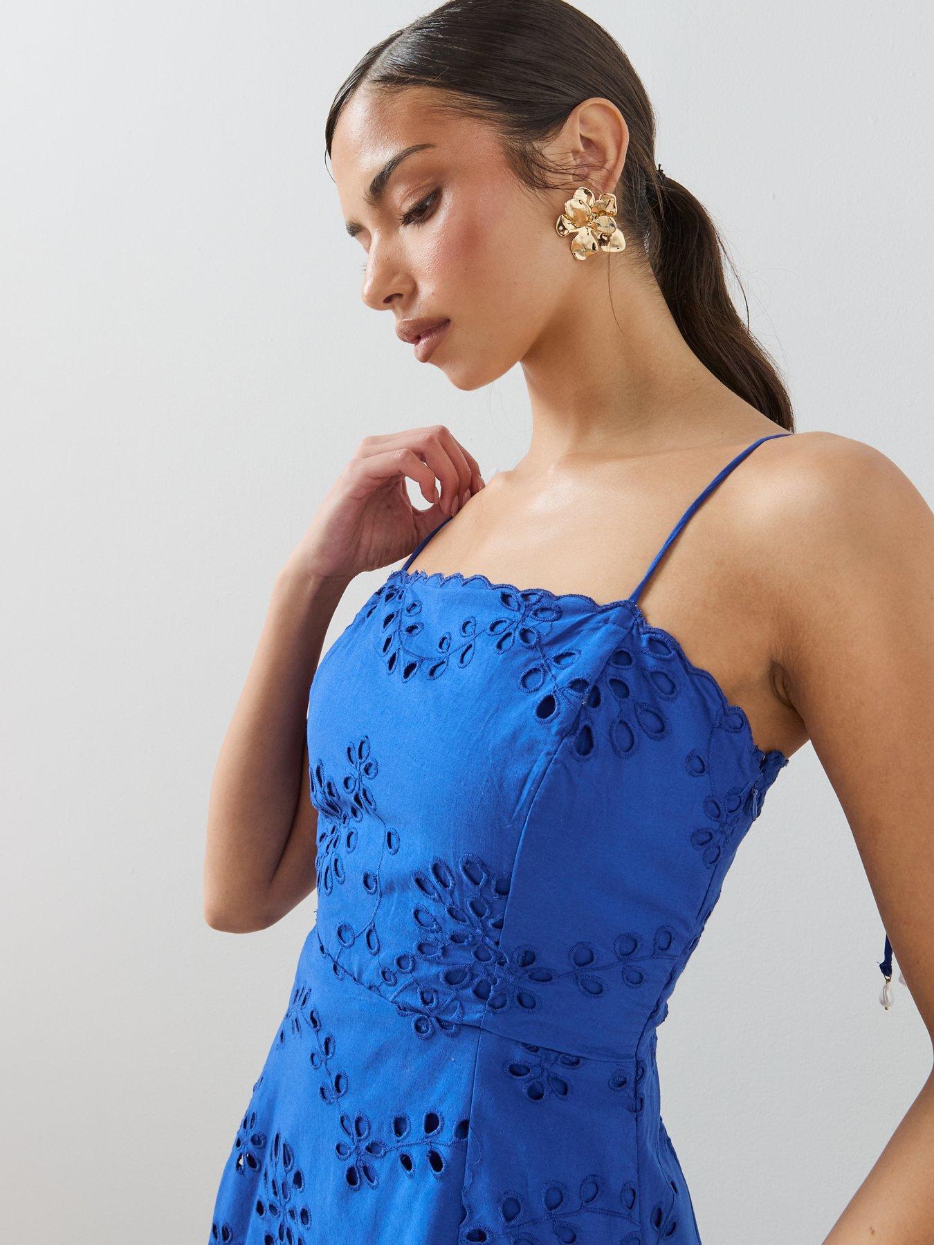 Image 5 of 7 of The Very Collection Broderie Scalloped Strappy Midi Dress - Blue