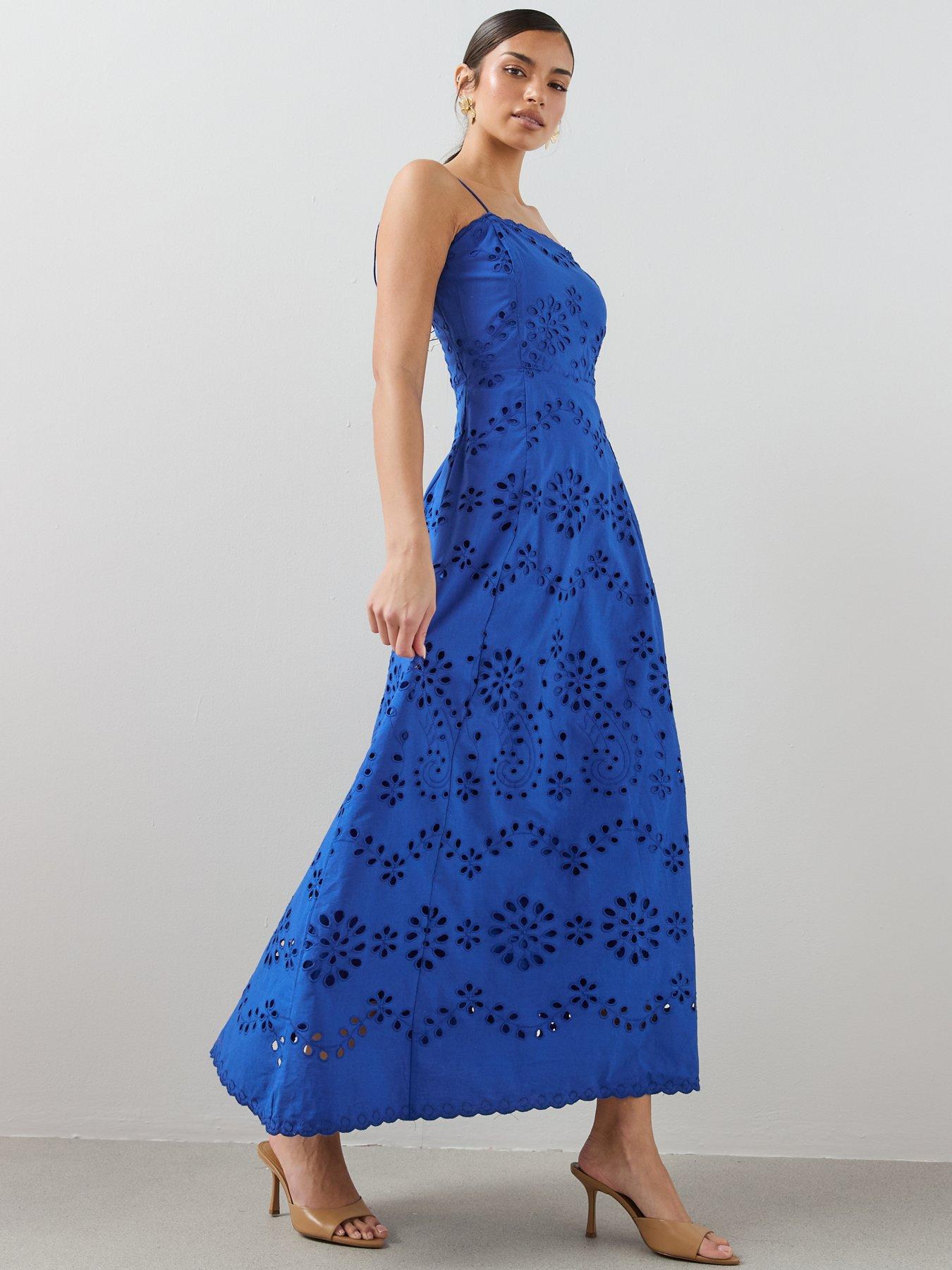 Image 6 of 7 of The Very Collection Broderie Scalloped Strappy Midi Dress - Blue