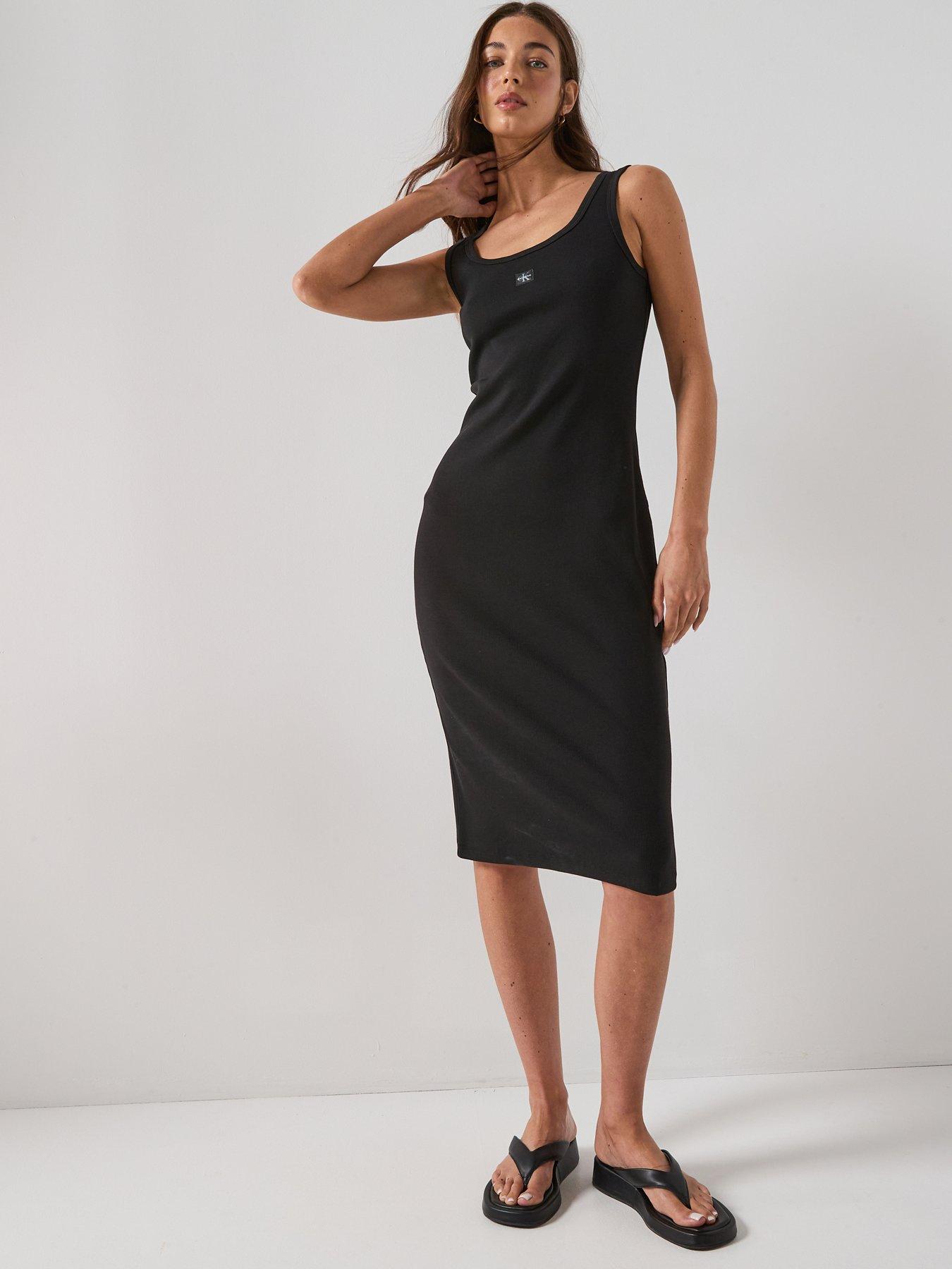 Calvin Klein Jeans Sleeveless Baby Ribbed Monogram Logo Label Dress - Black