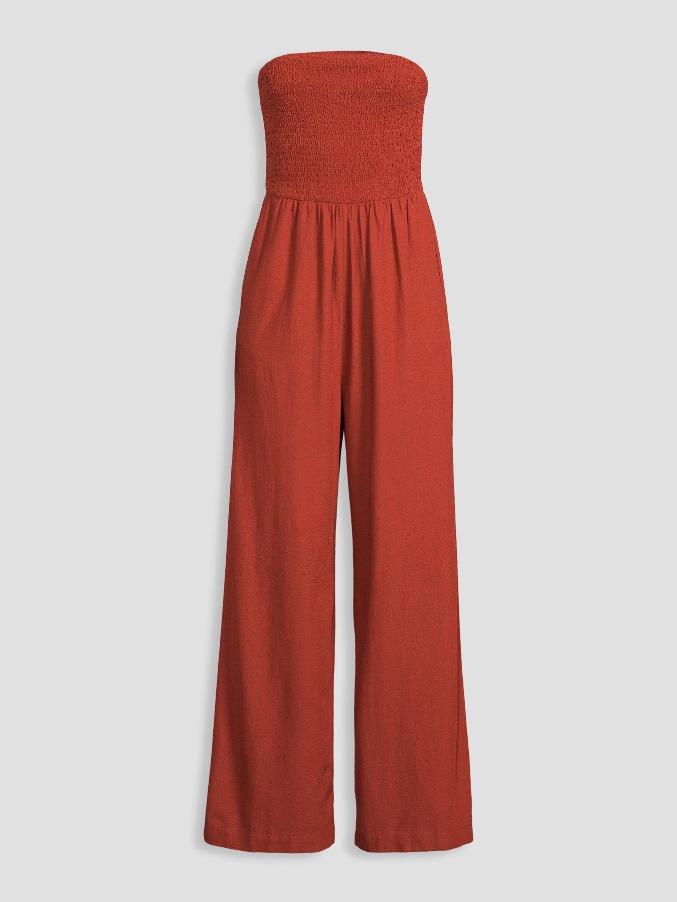 Image 7 of 7 of The Very Collection Shirred Detail Linen Mix Bandeau Jumpsuit - Dark Red